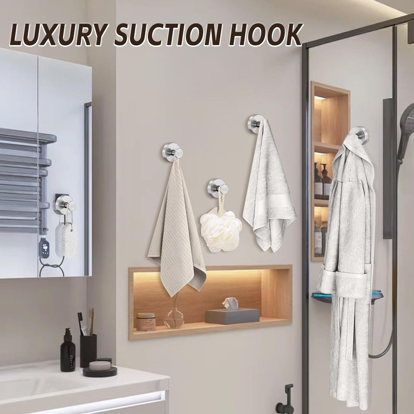 Reusable Heavy Duty Suction Cup Hooks for Kitchen/Bathroom/Shower - Wet-Proof Hooks for Towels, Robes, Loofah&Wreaths/No Drill Mounting on Glass, Tile, Metal (4, Brushed Nickel)