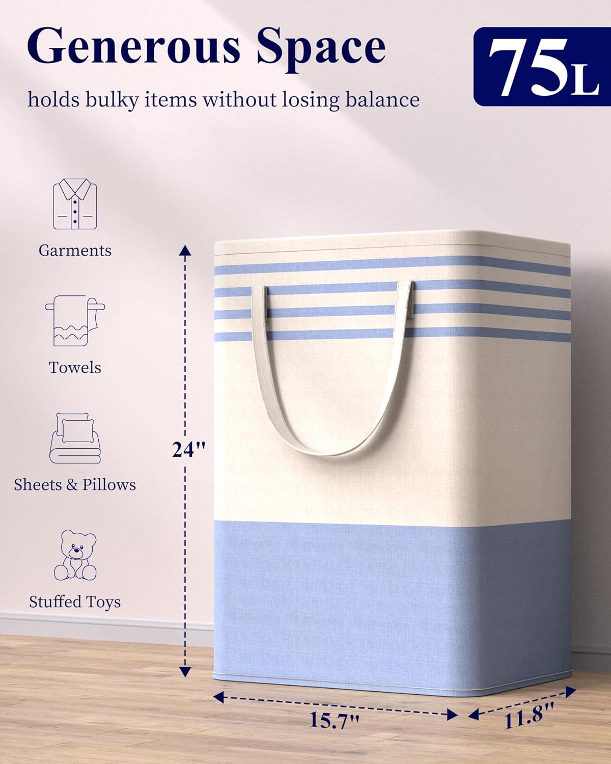 Kitsure Laundry Hamper - 2-Pack Collapsible Laundry Baskets with Well-Stitched Handles, Free-Standing Clothes Hamper with Rigid Top Edge for Household, Dorm Use, 2 x 75L, Blue