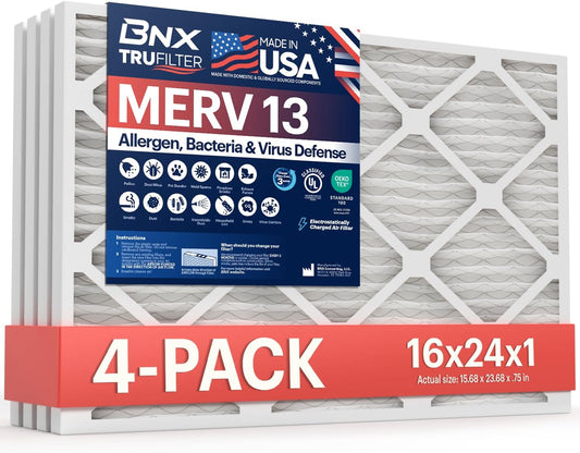 BNX TruFilter 16x24x1 Air Filter MERV 13 (4-Pack) - MADE IN USA - Electrostatic Pleated Air Conditioner HVAC AC Furnace Filters for Allergies, Pollen, Mold, Bacteria, Smoke, Allergen, MPR 1900 FPR 10