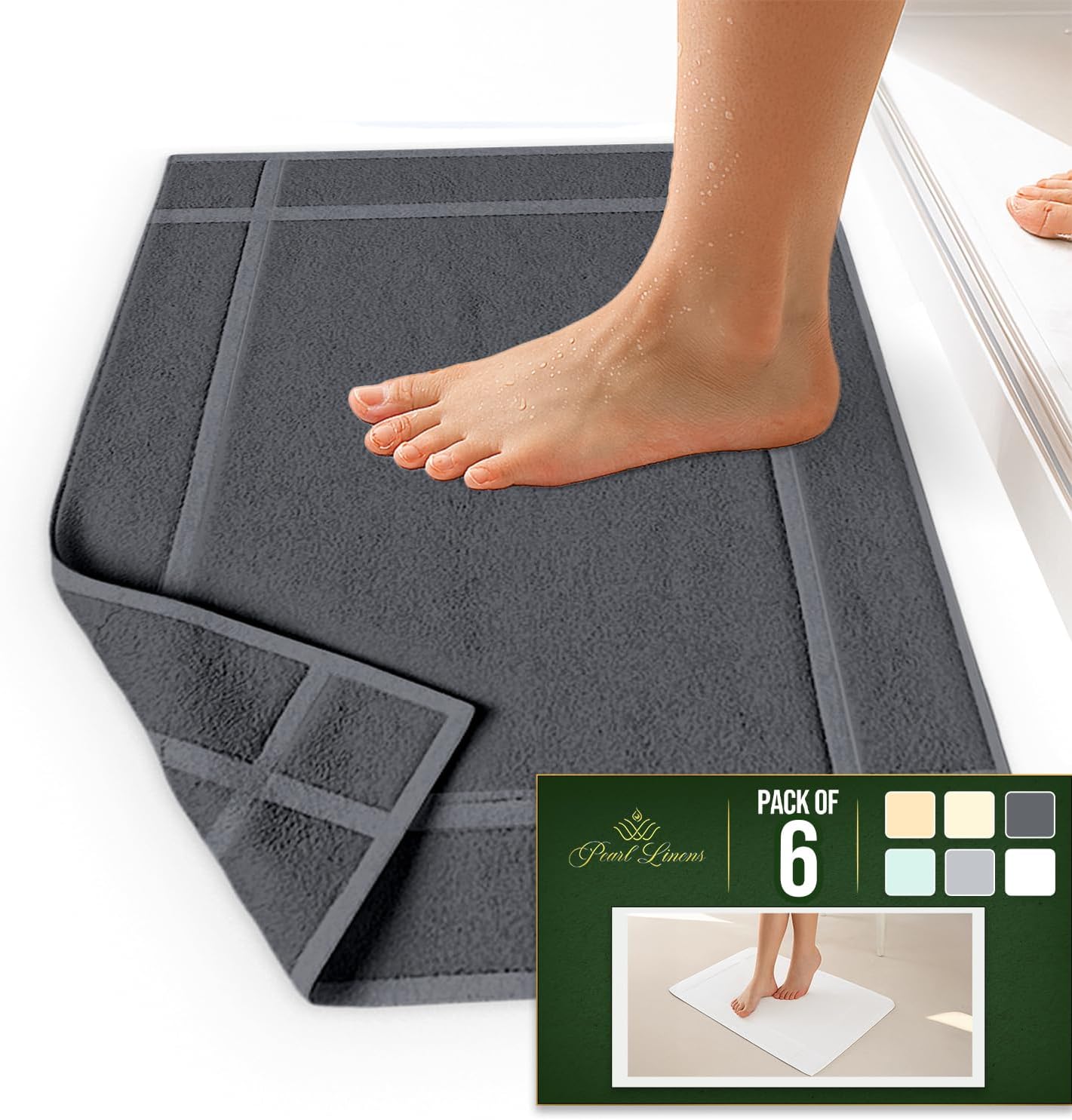 Pearl Linens Pack of 6 Washable Cotton Bath Mat 18x25 - Soft & Absorbent Quick Dry Bathroom Mat Set, Not Bathroom Rugs After Shower Mat, Terry Bath Tub Mat, 687 GSM Dark Grey