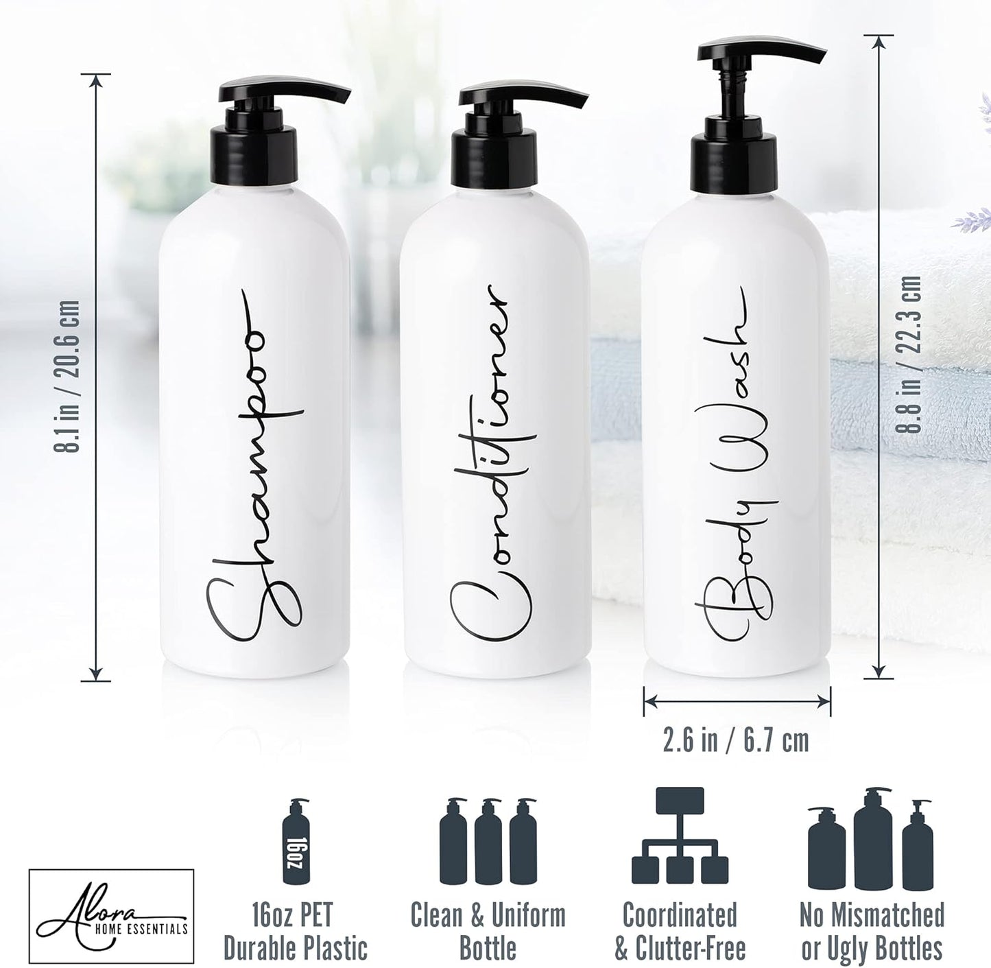 Alora 16oz Refillable Shampoo and Conditioner Dispenser Bottles - Set of 3 - Pump Bottle Dispenser for Shampoo, Conditioner, Body Wash - Empty Plastic Refillable Containers for Shower, Matte White