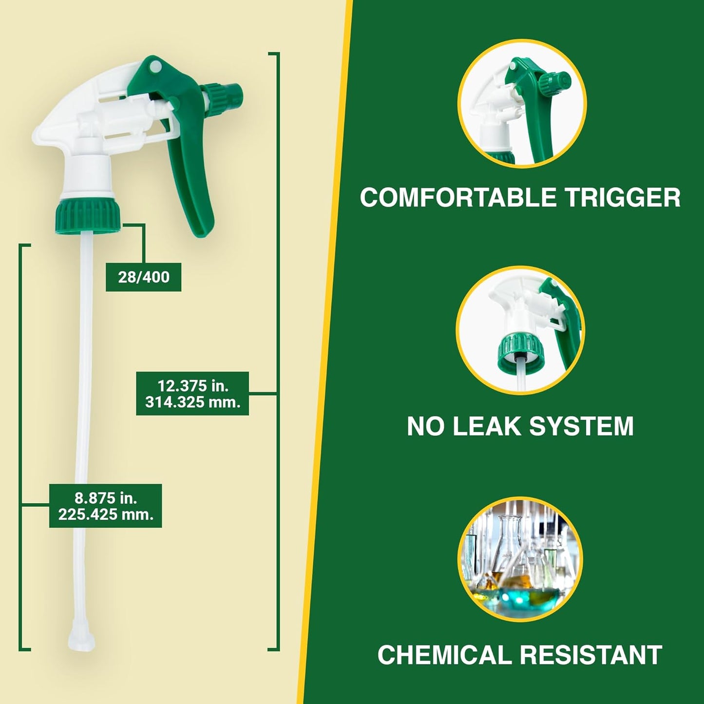 Heluva Green Spray Bottle Nozzle Replacement, Bottle Tops Only - Sprayer Nozzle Triggers for Heavy Duty, Commercial, Home Cleaning Solutions - Fits 8,16,24,32 oz Plastic & Glass Bottles, Green 3 pack