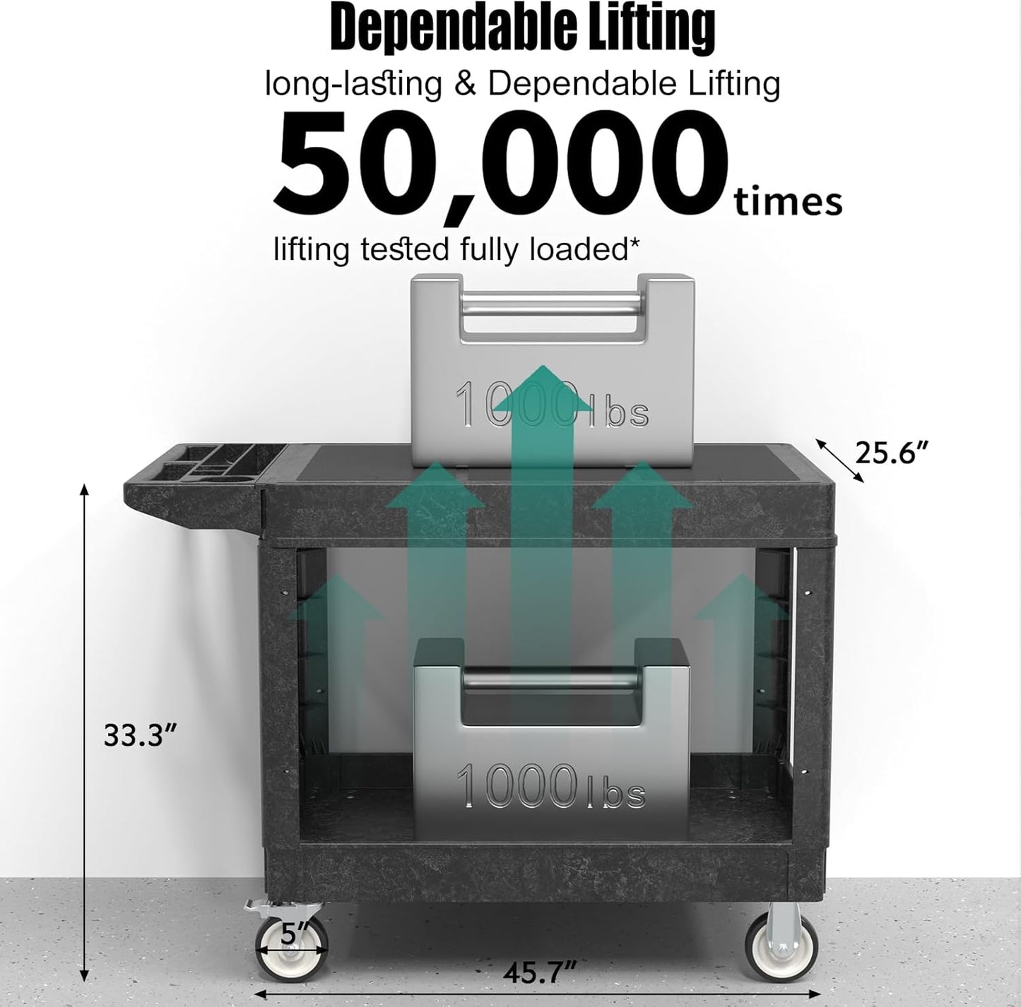 Utility Cart on Wheels, Heavy Duty Large Flat Top Rolling Service Cart, 46 x 25 Inch Work Carts, 2 Shelf 1000 lbs Capacity Plastic Tool Cart, for Warehouse, Garage, Cleaning, Black