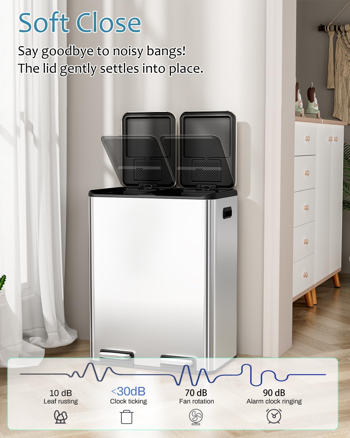 16 Gal (2 x 30 L) Dual Trash Can, Stainless Steel Kitchen Garbage Bin, Recycle Dustbin with Odor Control Box, Soft-Close Lid, Inner Buckets, Side Handle, Step Pedal, for Home Office