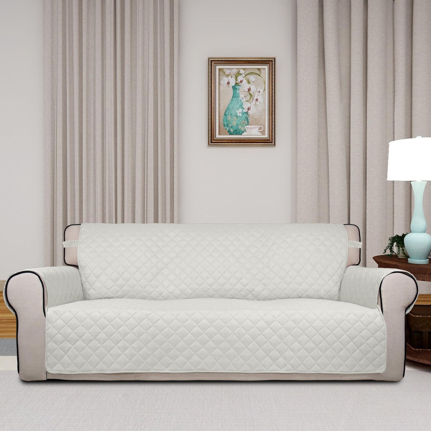 PureFit Reversible Quilted Sofa Cover, Water Resistant Slipcover Furniture Protector, Washable Couch Cover with Non Slip and Elastic Straps for Kids, Pets (Oversized Sofa, Ivory/Ivory)