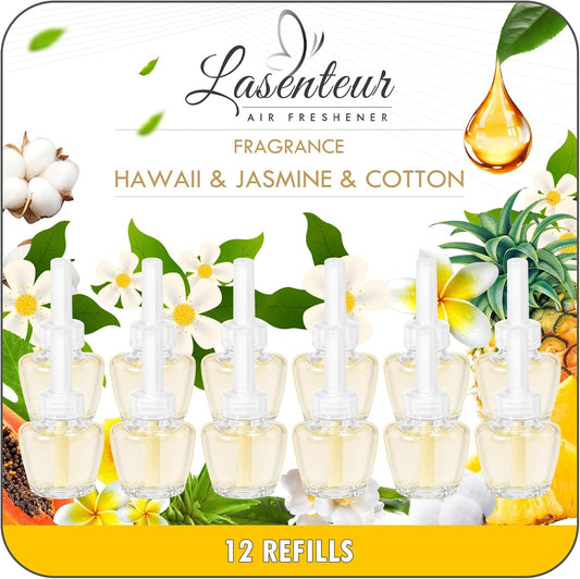PlugIns Refills Air Freshener, Scented and Essential Oils for Home and Bathroom, Hawaiian, Jasmine, Cotton, Indoor Home Use, 12 Count, Compatible with Airwick, Compatible with Glade