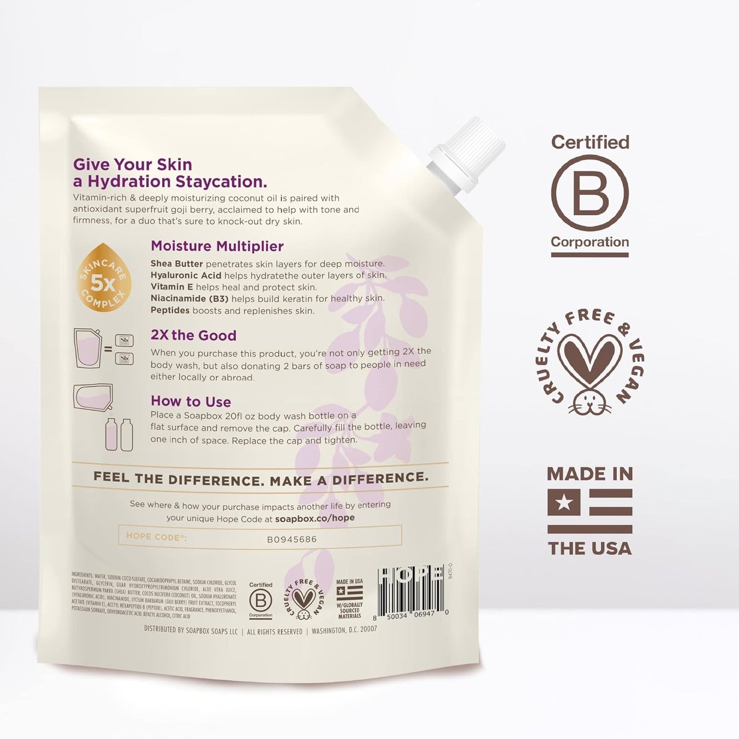 Soapbox Body Wash Refill, Coconut + Goji Berry Body Wash Refill Pack, Bulk Soap Pouch, Vegan + Antioxidant Rich Moisturizing with Shea Butter, Peptides & Keratin Promoting B3, 40oz