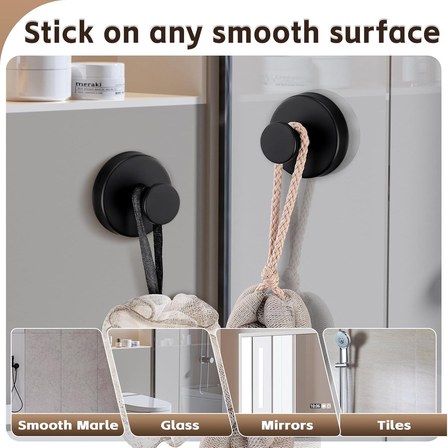 Reusable Heavy Duty Suction Cup Hooks for Kitchen/Bathroom/Shower - Wet-Proof Hooks for Towels, Robes, Loofah&Wreaths/No Drill Mounting on Glass, Tile, Metal (4, Matte Black)