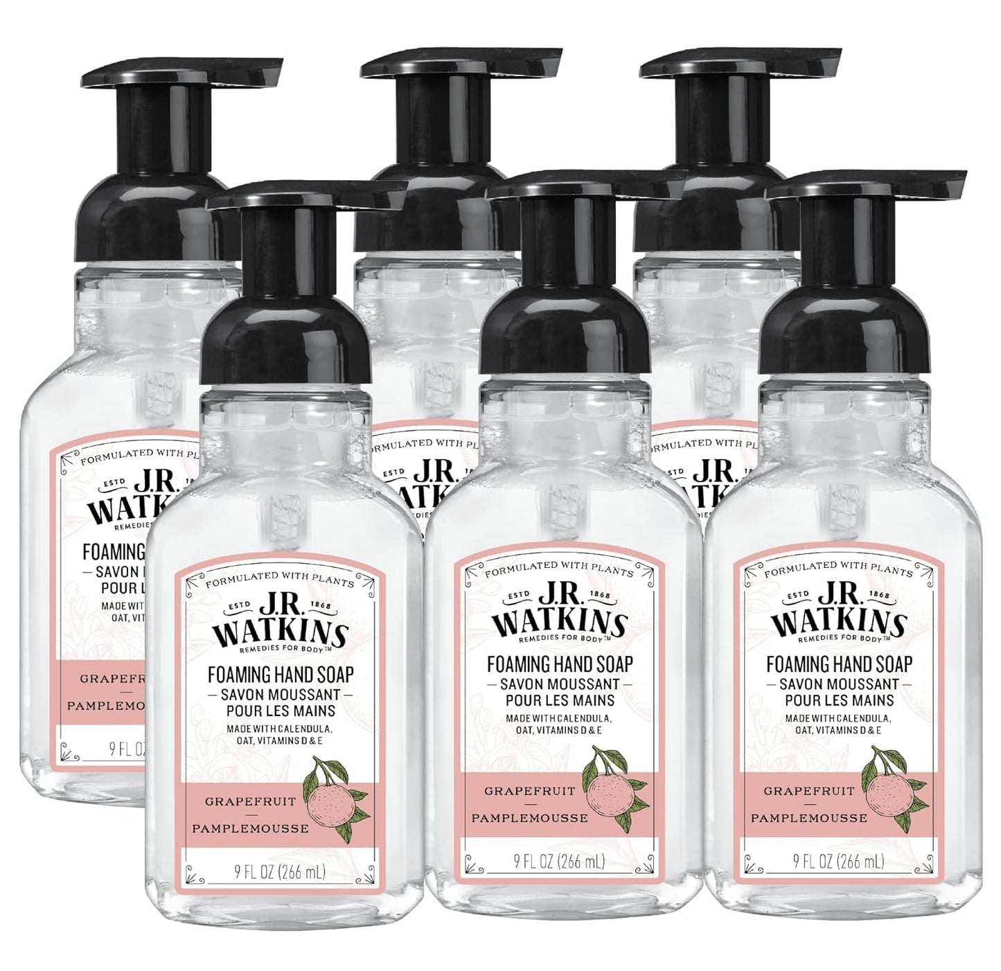 J.R. Watkins Foaming Hand Soap Pump with Dispenser, Moisturizing All Natural Hand Soap Foam, Alcohol-Free, Cruelty-Free, USA Made, Use as Kitchen or Bathroom Soap, Grapefruit, 9 fl oz, 6 Pack