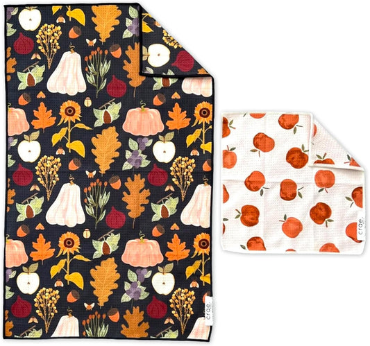 Microfiber Hand Towel & Washcloth Set of 2 - Double-Sided, Waffle Weave, Super Absorbent, Lint-Free, Fast Drying - Jonny & Gather Pattern for Bathroom, Kitchen, Car, and Window Cleaning