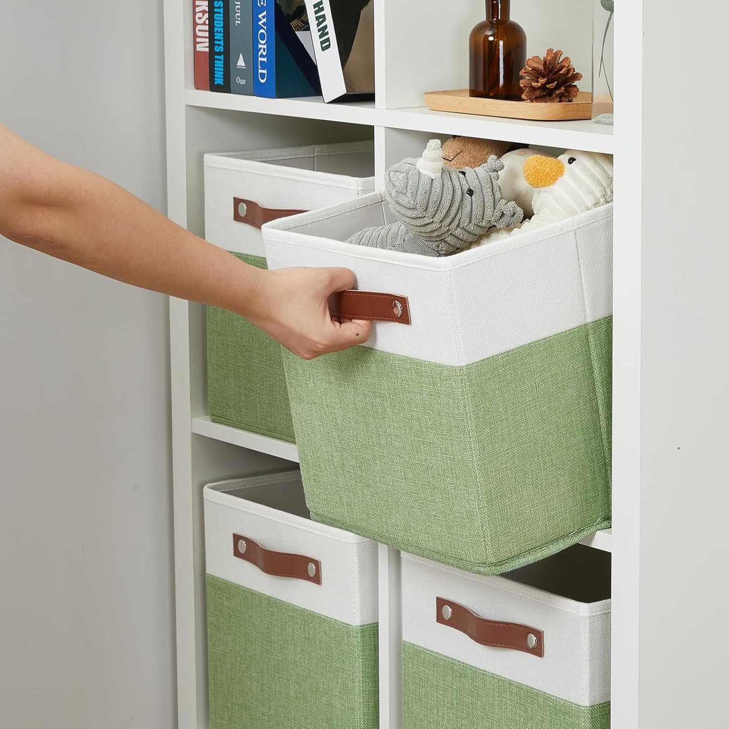 DULLEMELO 11x11 Cube Fabric Organizer Storage Bins for Shelf, Toy Square Green Bins, Kids Clothes Closet Baskets Storage, for Bedroom, Living Room, Dorm(White&Green-4 Pack)