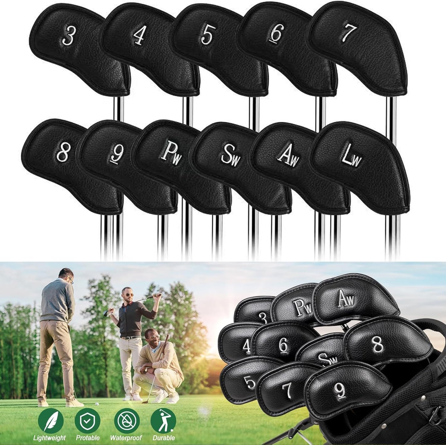 Golf Iron Head Covers (12-Pack) Synthetic Leather Waterproof Club Head Covers for Standard Irons – Magic Tape Closure, Universal Fit & Anti-Loss Design