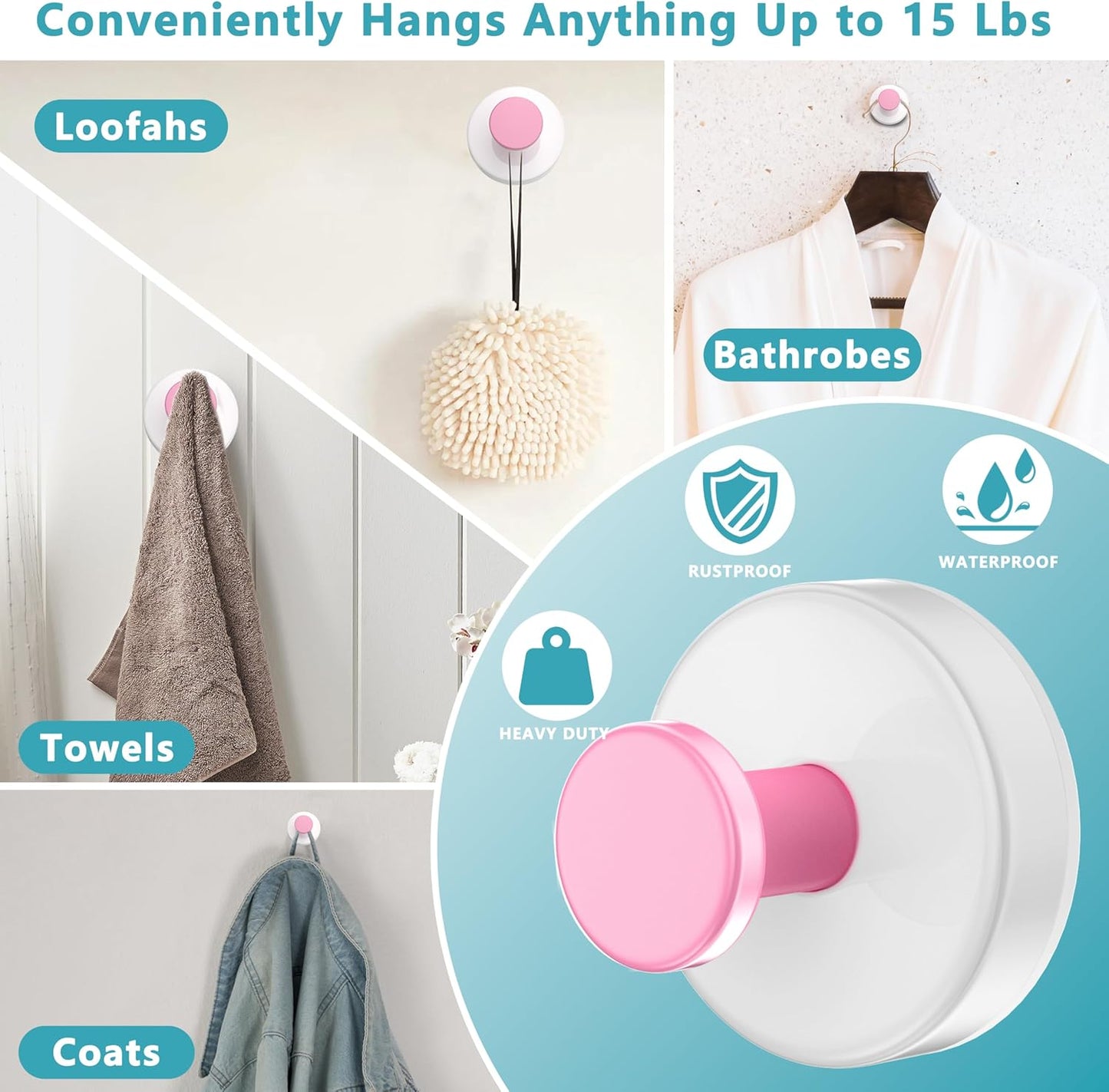 Suction Cup Hooks for Shower,Removable No Drill Towel Hooks,Upgraded 15 lbs Strong Suction hooks for Bathroom Tile,Shower Wall,Glass Door,Kitchen-Loofah,Coat,Stainless Waterproof-White Pink 4 Pcs