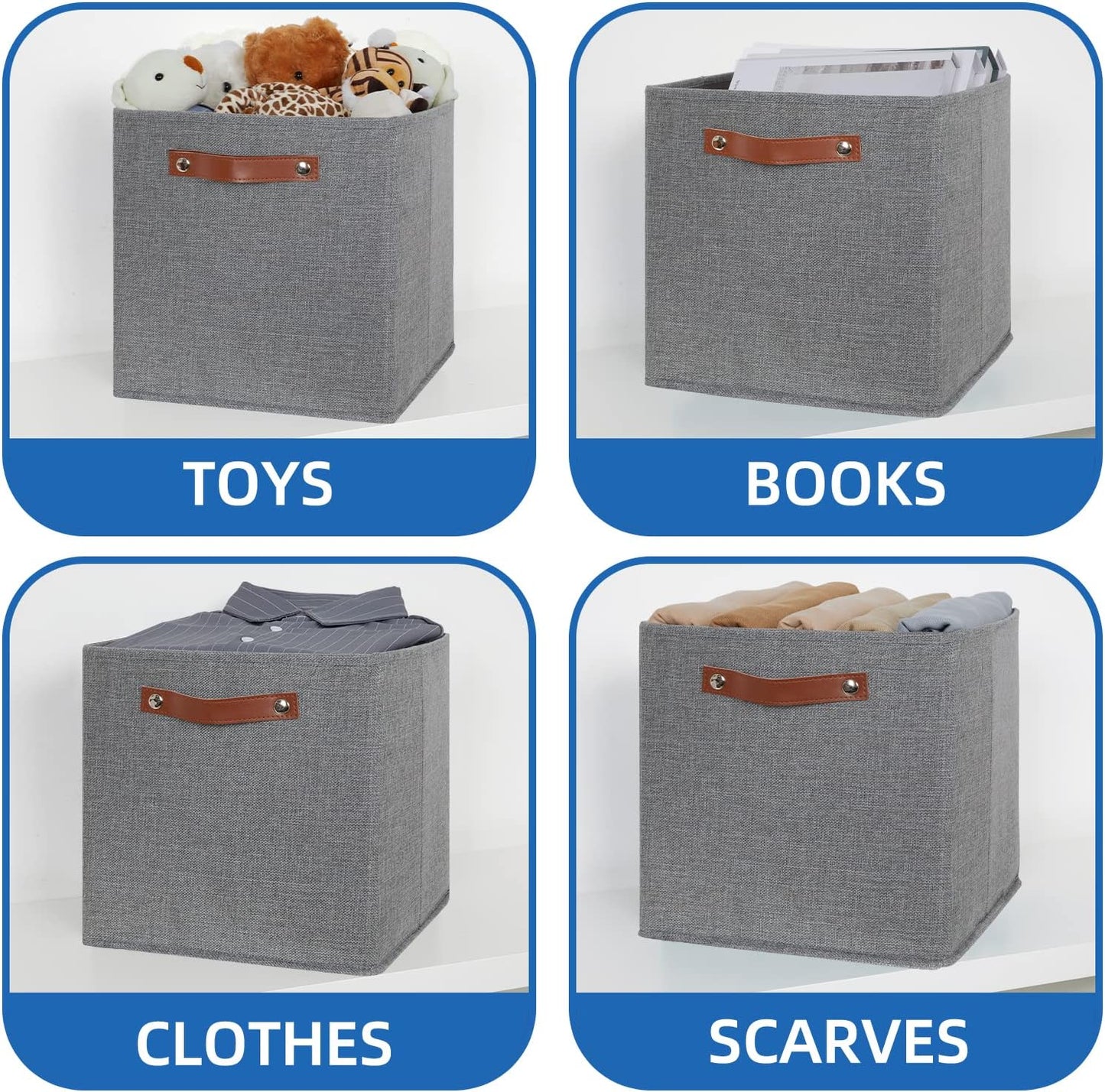 Temary 12x12 Storage Cube Bins 4 Pack Fabric Storage Cubes Storage Bins with Leather Handles, Storage Baskets Foldable Cube Organizers Bins for Home (Grey)