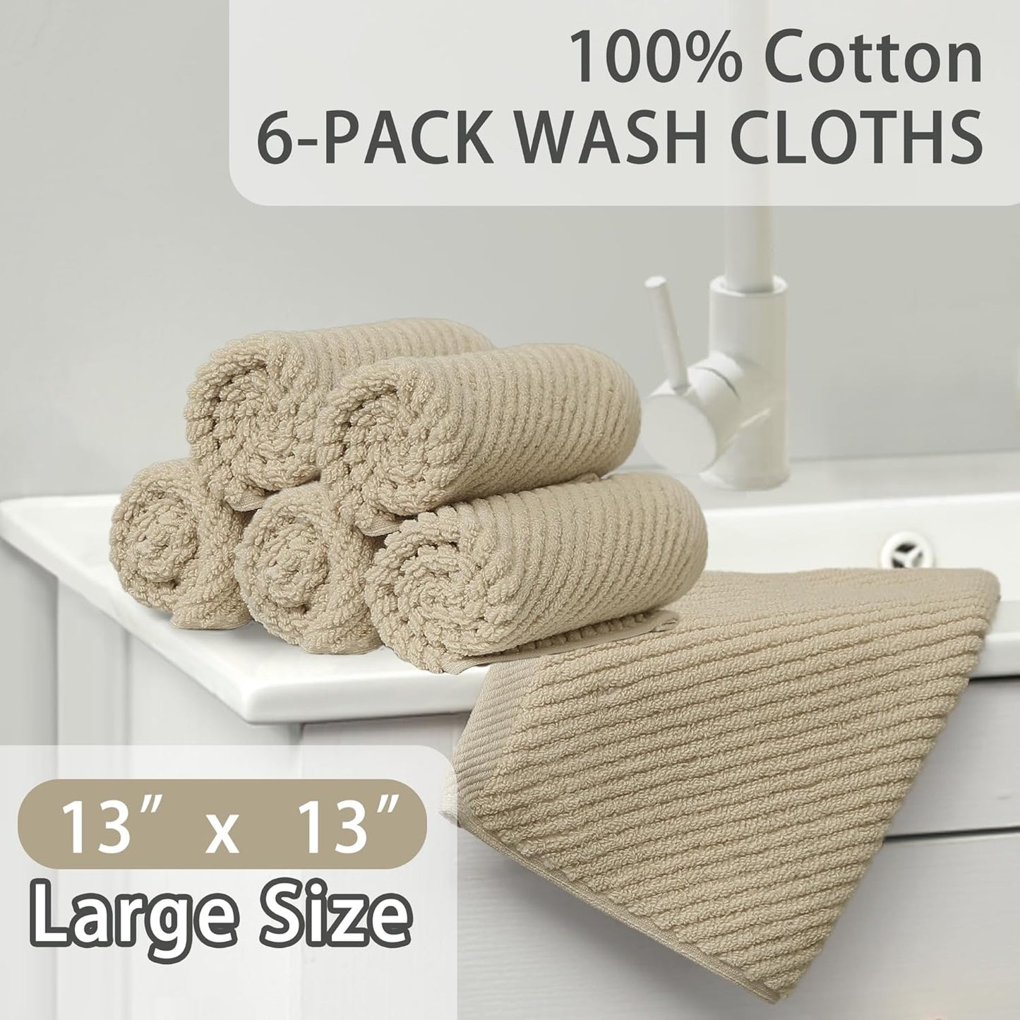 VOOVA & MOVAS Beige Face Cloths, (6PC, 13"x13") - 100% Cotton | Lightweight | Thick | Quick Dry | Soft | Absorbent, Wash Cloths for Showering & Bathroom, Bathroom Essentials, Dark Tan