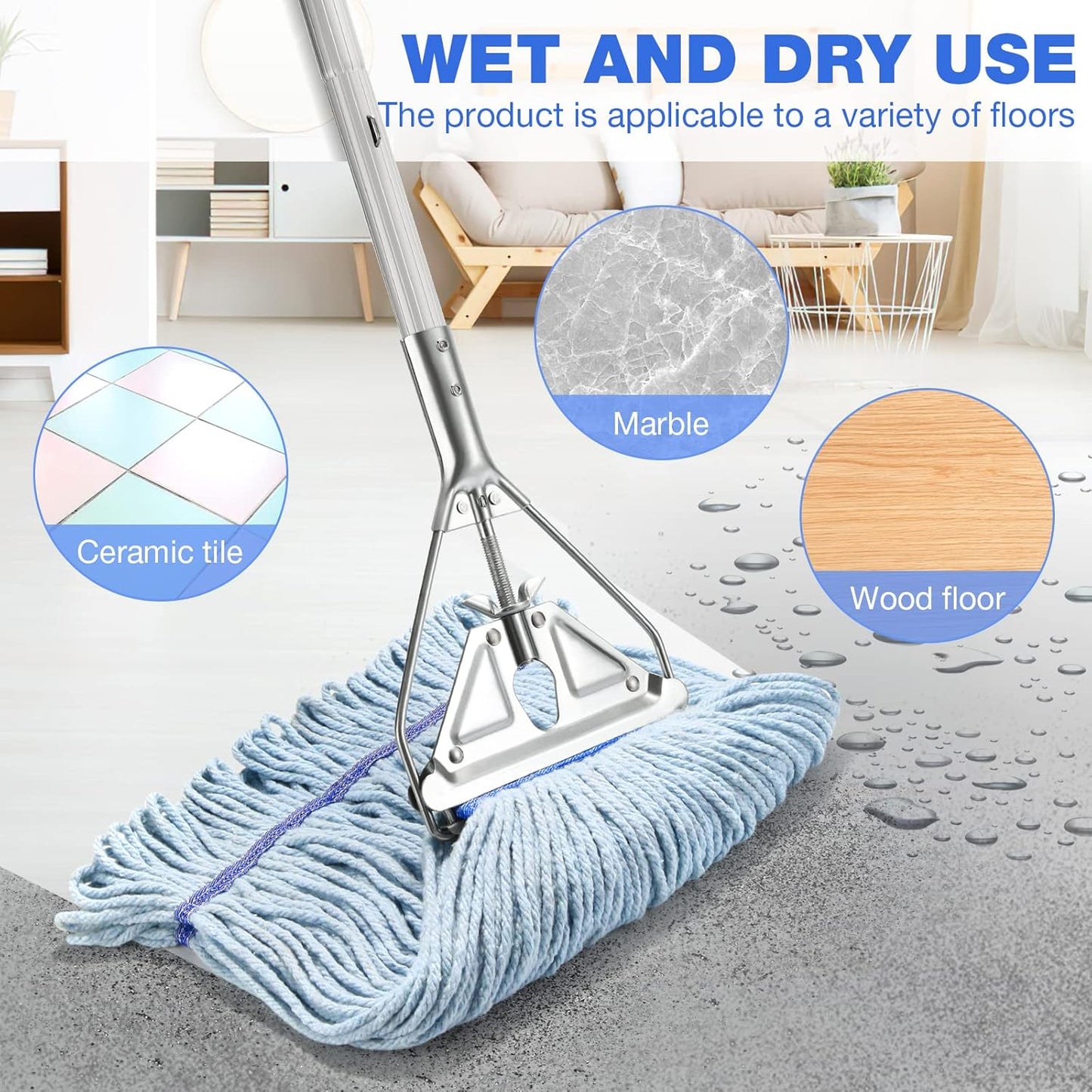 String Mop for Floor Cleaning - Heavy Duty Industrial Commercial Wet Mop with Extra Replacement Head , 59inch Handle, for Home,Garage,Office, Workshop, Warehouse Floor Cleaning