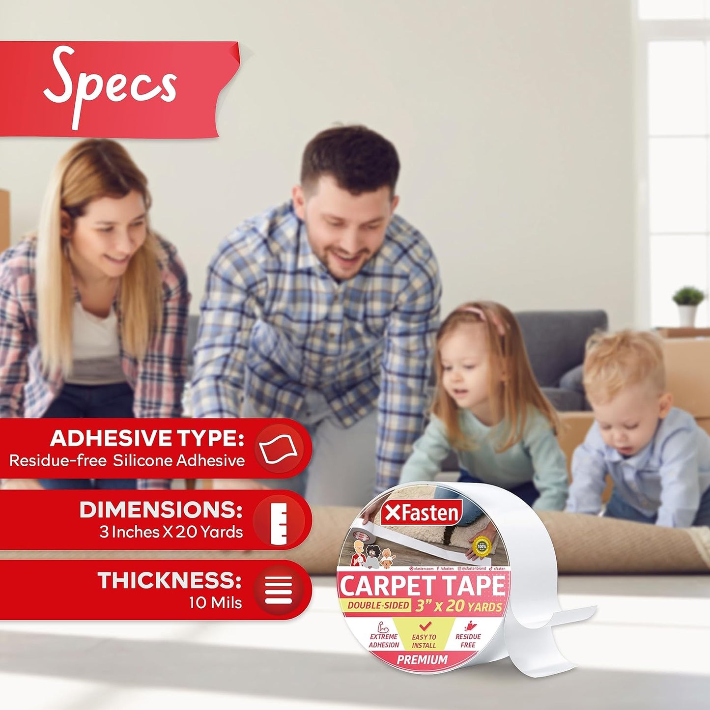 XFasten Double Sided Carpet Tape for Area Rugs, 3 Inch x 20 Yards – Heavy Duty Anti Slip Rug Grip Tape, Works as Rug Gripper, Residue Free, Wood Safe, Easy Removal for Hardwood and Laminate Floor