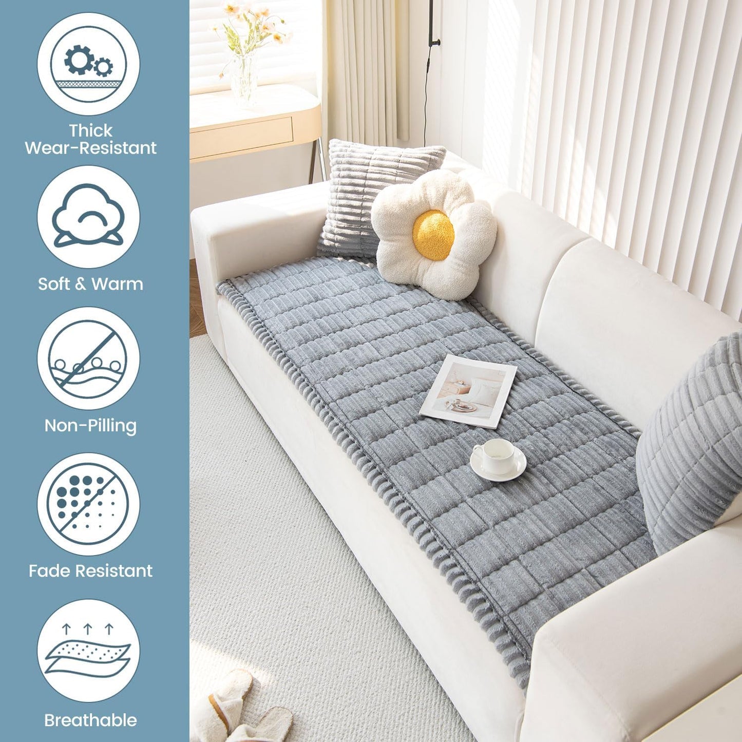 OTOB Couch Cover for Dogs Washable, Non Slip Plush Sofa Covers for 3 Cushion Couch, Fuzzy Pet Friendly Mat Bed Furniture Protector Sofa Slipcover, All Seasons (Gray, 27.6" x 70.9")