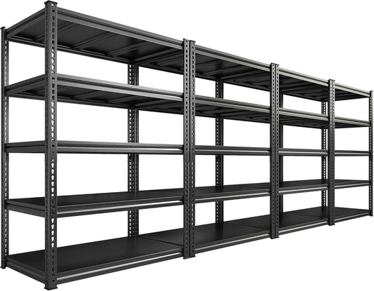 REIBII 72" H Garage Shelving Load 2500 LBS, Heavy Duty Storage Shelves, 5-Tier Adjustable Garage Shelves for Warehouse, Basement, 72" H x36 W x18 D, Black, 4 Pack