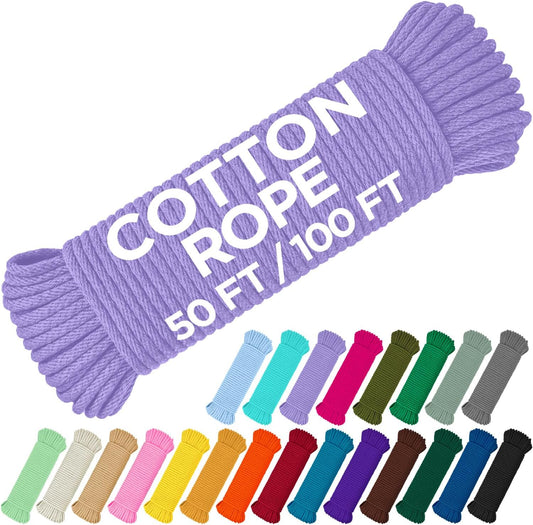 TECEUM Cotton Rope 3/16” (5 mm) – 50 FT – Strong All-Purpose Braided Rope – Natural Cotton – for Crafting, Сamping, Clothes Line, DIY, Indoor & Outdoor Use – Lavander