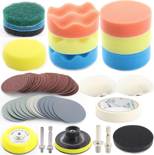 74PCS 3Inch Car Headlight Restoration and Polishing Kit, Sanding Discs with 1/4" and M10 Backing Pad,Scouring Pads, Interface Pad, Wool Polishing Buffing Pad Polishing Buffing Wheel