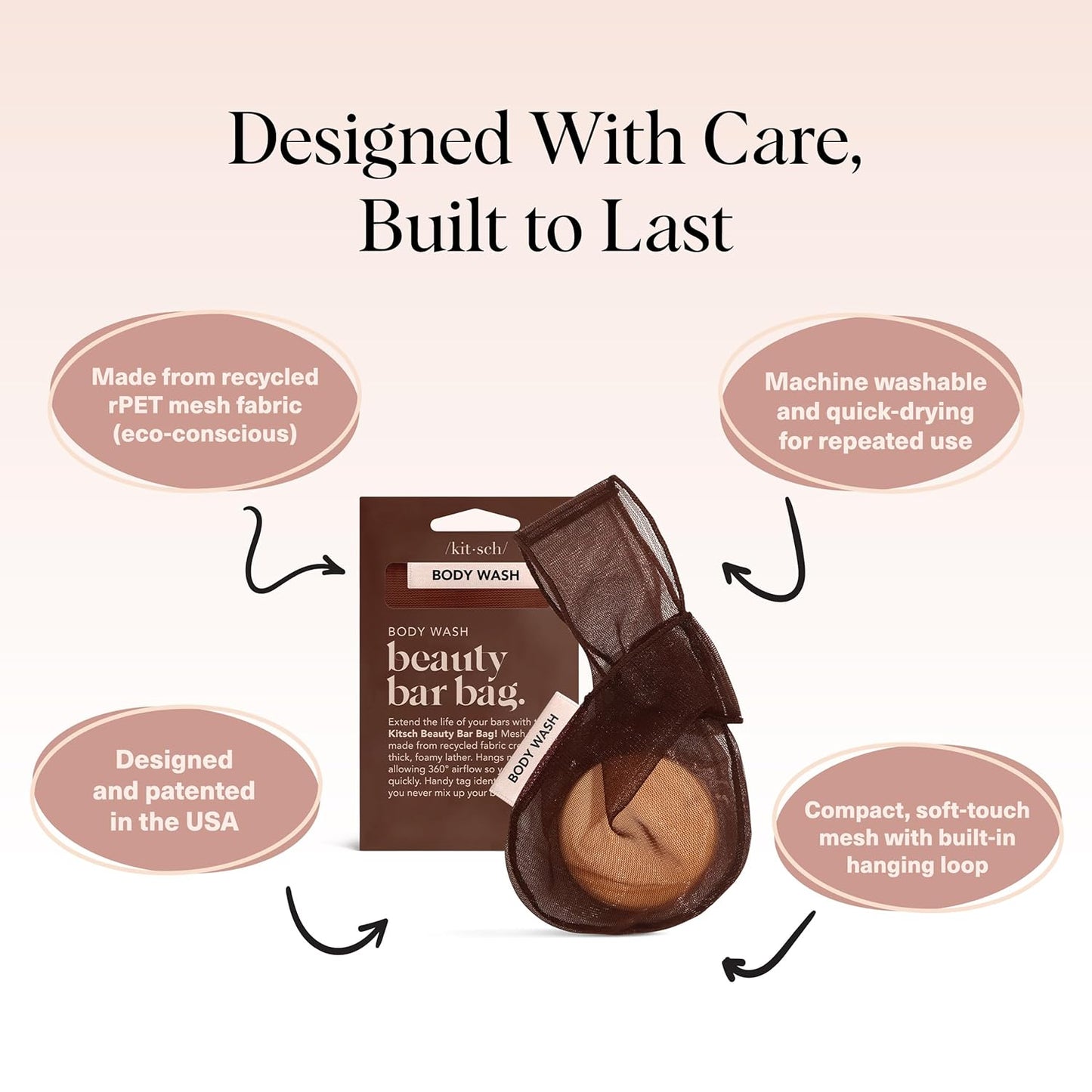 Kitsch Bar Soap Saver Bag – Patented Mesh Bag Soap Holder for Body Wash Bar - Extends Use & Prevents Soggy Mess - Recycled Mesh Beauty Pouch, Eco-Friendly – Chocolate