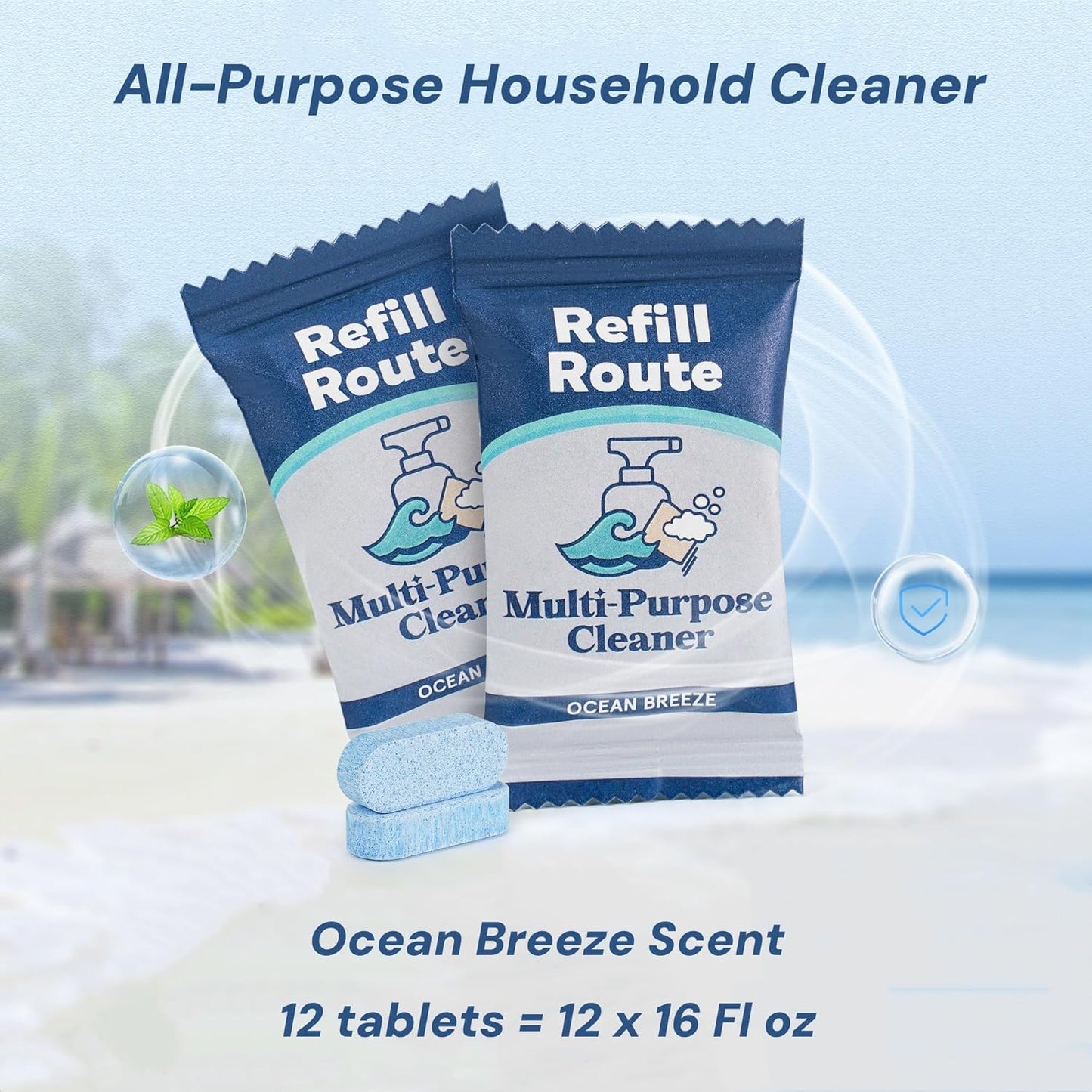 Multi-Surface Cleaner Refills -Daily All Purpose Cleaning Tablet 12 Packs - 192 fl oz total (makes 12x 16 fl oz bottles of spray cleaner) - Plant-Based Home & Kitchen Cleaner - Ocean Breeze Fragrance