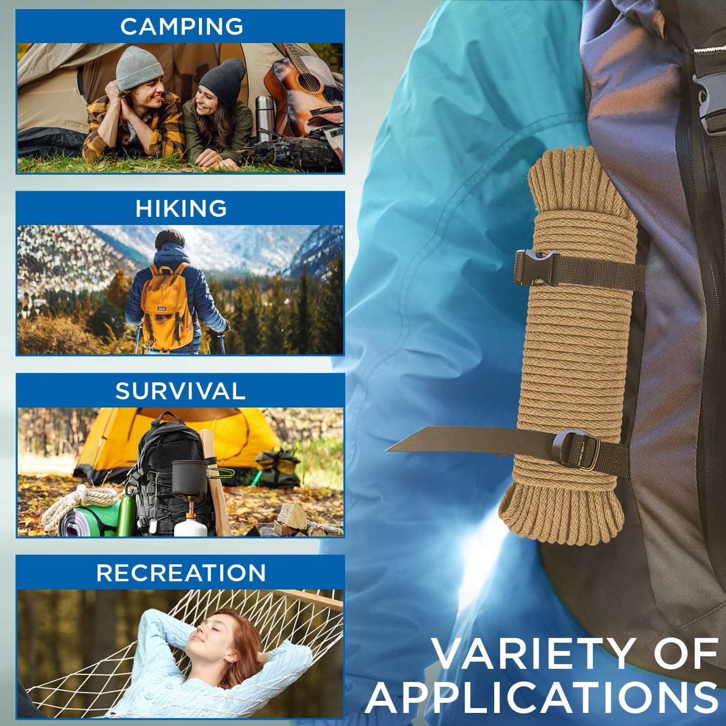 TECEUM Cotton Rope 3/16” (5 mm) – 100 FT – Strong All-Purpose Braided Rope – Natural Cotton – for Crafting, Сamping, Clothes Line, DIY, Indoor & Outdoor Use – Cappuchino