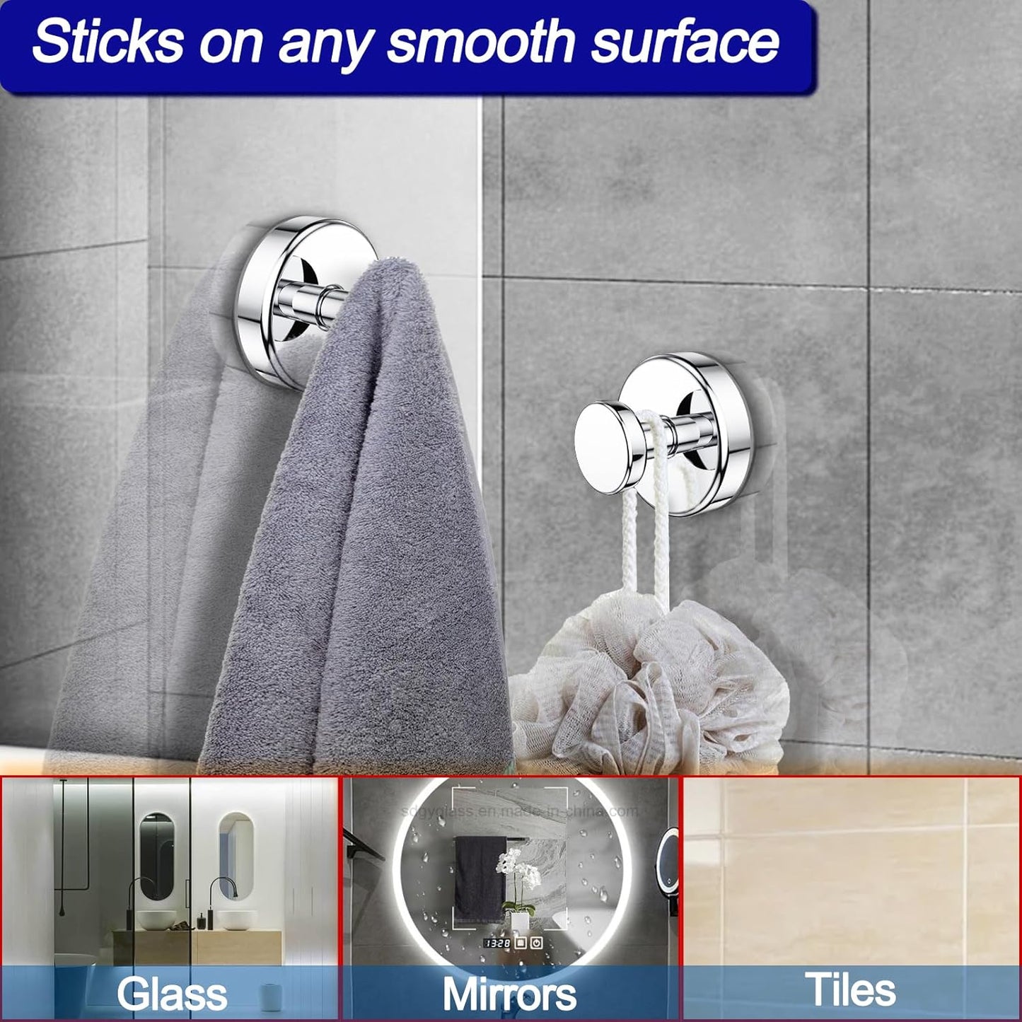 Suction Cup Hooks for Shower, Removable Towel Hooks for Bathroom Window Glass Door Wall, Bath Robe Looafh Hook for Hanging - 4 Pack, Chrome