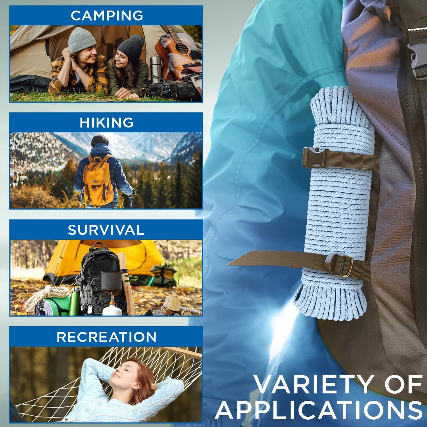 TECEUM Cotton Rope 3/16” (5 mm) – 50 FT – Strong All-Purpose Braided Rope – Natural Cotton – for Crafting, Сamping, Clothes Line, DIY, Indoor & Outdoor Use – Baby Blue