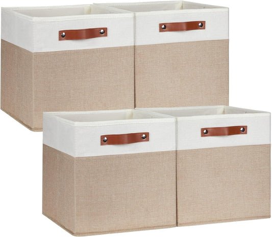 DULLEMELO Cube Storage Bins,13 x 13 x 13 inch Fabric Storage Cubes for Organizing,Collapsible foldable Linen Canvas Closet Storage Bins for Shelves Closet Bedroom Toys Home Office(White&Khaki-4 Pack)