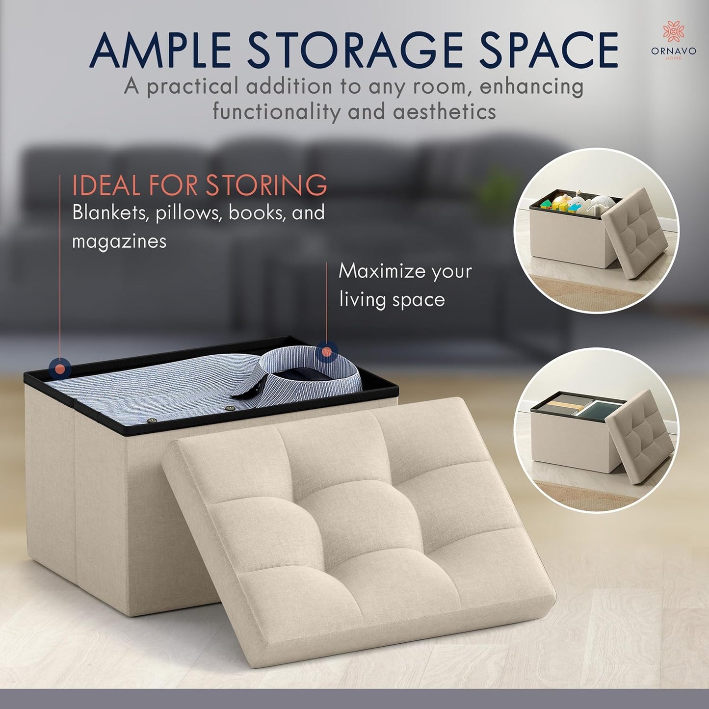 Ornavo Home Small Storage Ottoman Foldable Collapsible Rectangle Linen Ottoman Foot Rest Stool Seat, for Living Room, Bedroom, Home Office, Dorm - 12 x 16 x 12, Beige