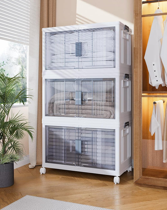 OlarHike 76QT Lockable Storage Bins with Lids - Folding Storage box with Doors and Wheels, Collapsible Plastic Storage Bins for Closets, Stackable Storage Organizer, Storage Containers, 3 Pack Cubes