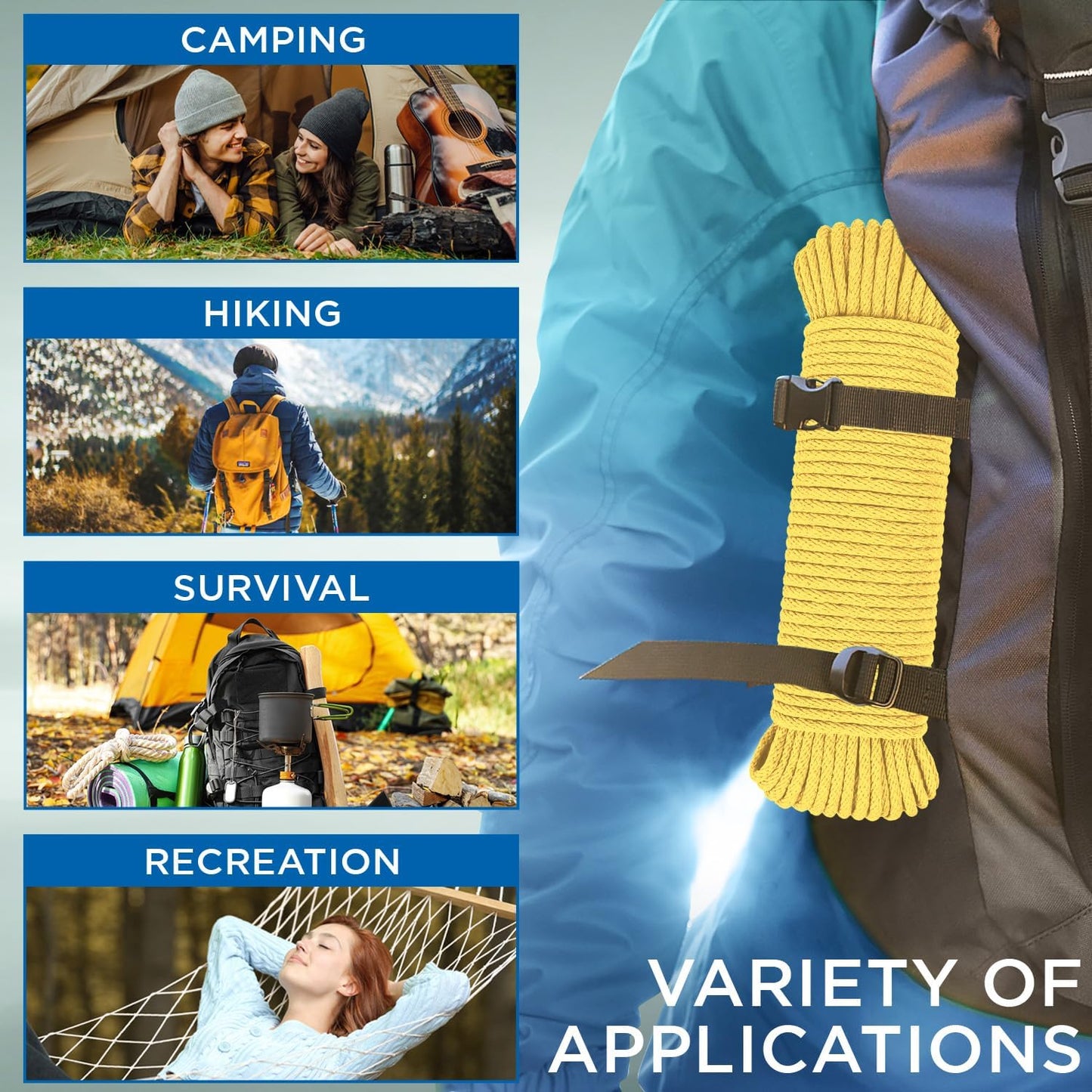 TECEUM Cotton Rope 3/16” (5 mm) – 50 FT – Strong All-Purpose Braided Rope – Natural Cotton – for Crafting, Сamping, Clothes Line, DIY, Indoor & Outdoor Use – Yellow