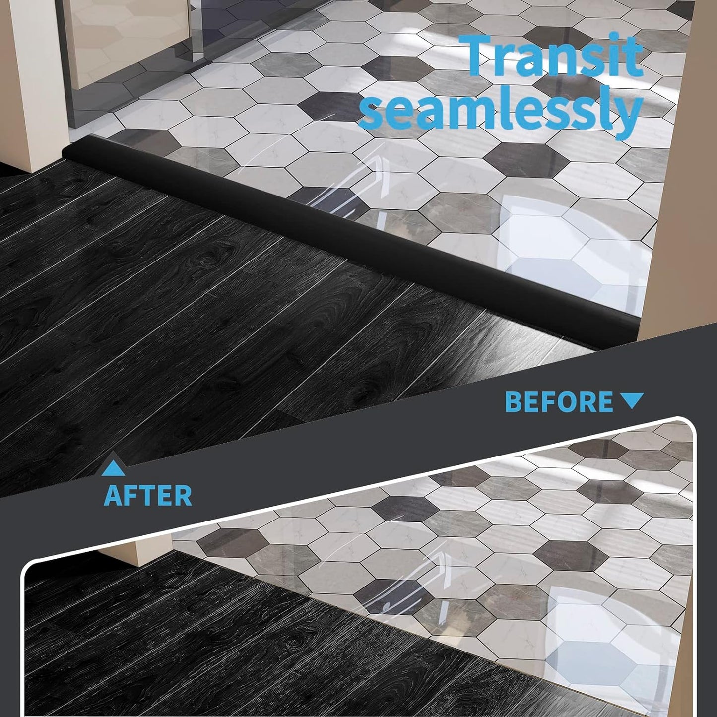 Art3d Self Adhesive Vinyl Floor Transition Strip, Laminate Strip Flat Divider for Joining Gaps, Carpet Threshold Transition, Tiles (4 FT, 1.57in, Black)