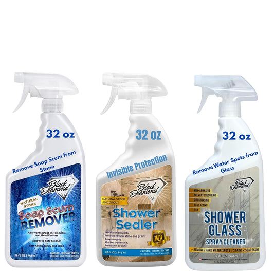 Black Diamond Stoneworks Shower Care Essentials –Natural Stone Shower Sealer, Glass Cleaner Spray & Soap Scum Remover – Professional Protection & Easy Cleaning for Bathrooms (3 Pack)