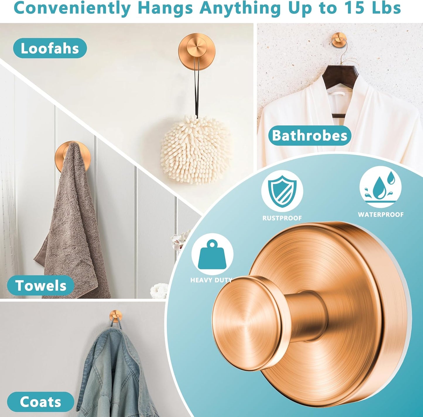 Suction Cup Hooks for Shower,Wreath Hanger for Front Door,Removable No Drill Towel Loofah Hooks,Upgraded 15 lbs Strong Suction for Bathroom,Wall,Glass,Stainless Waterproof-Rose Gold 4 Pcs