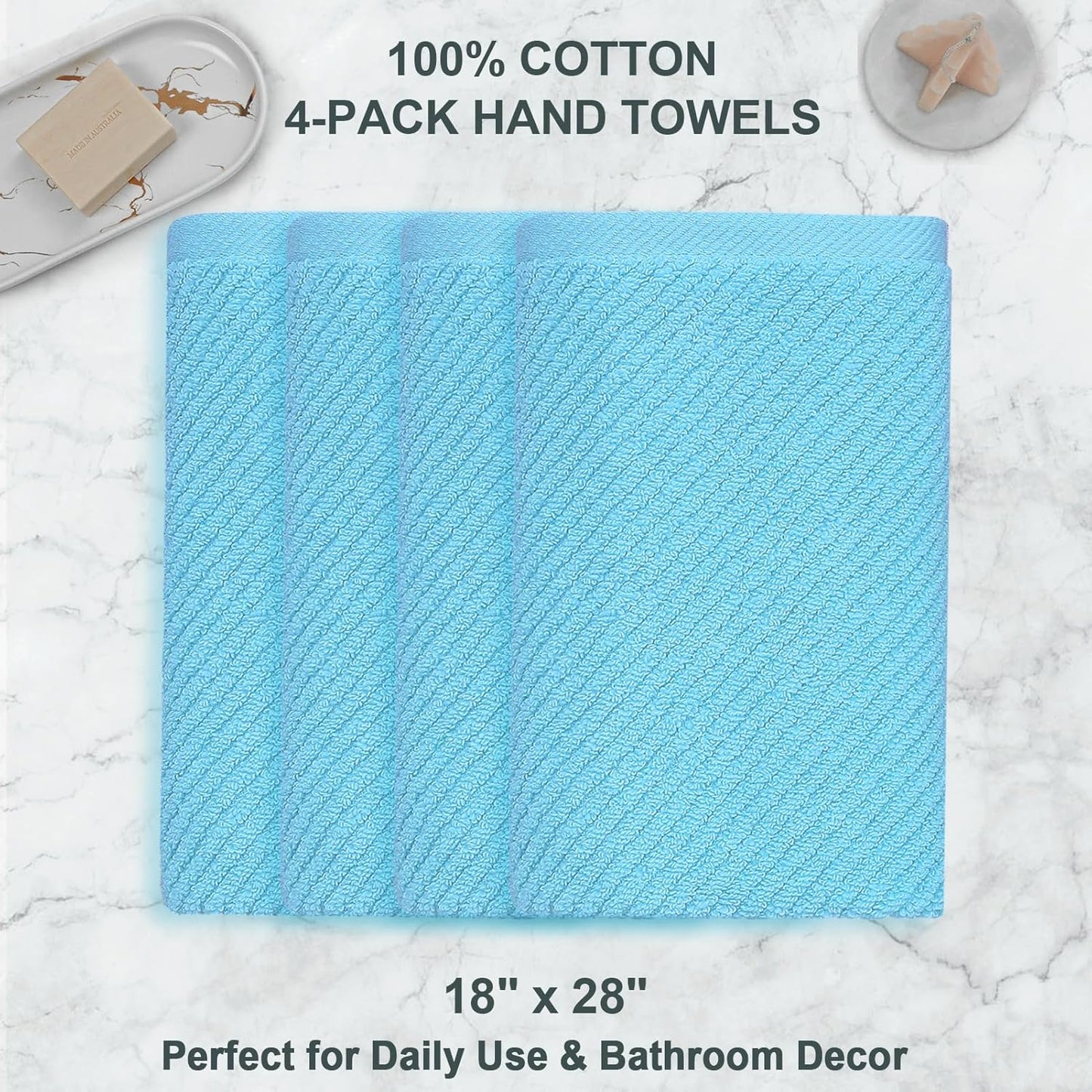VOOVA & MOVAS Hand Towels for Bathroom Set of 4，Large 18"x 28" - 100% Cotton | Lightweight | Thick | Quick Dry | Soft | Absorbent, Bath Hand Towels, Bathroom Essentials, Blue