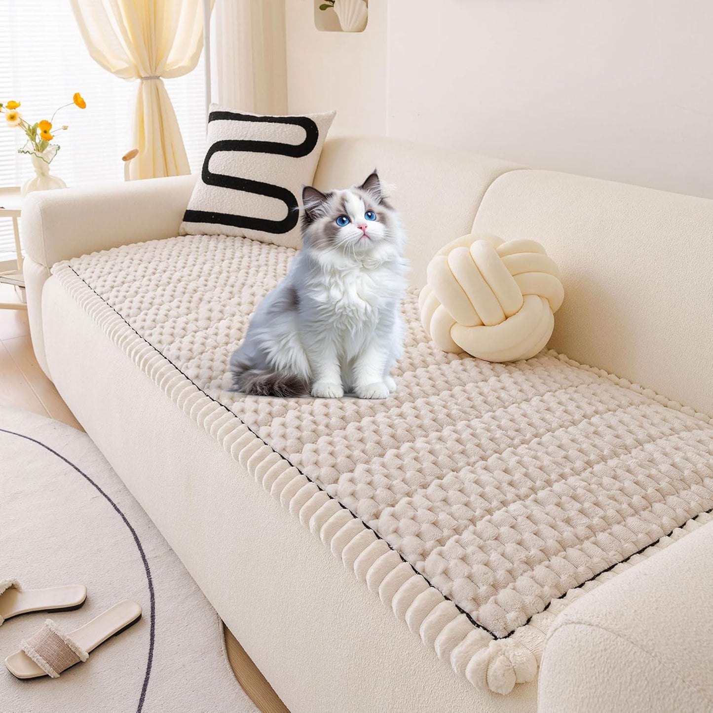 OTOB Couch Covers for 3 Cushion Sofa Pet Friendly, All Seasons Non Slip Plush Fuzzy Sofa Covers Washable, Soft Cozy Dog Bed Mat Sofa Slipcovers Furniture Protector (Cream, 27.6" x 82.7")