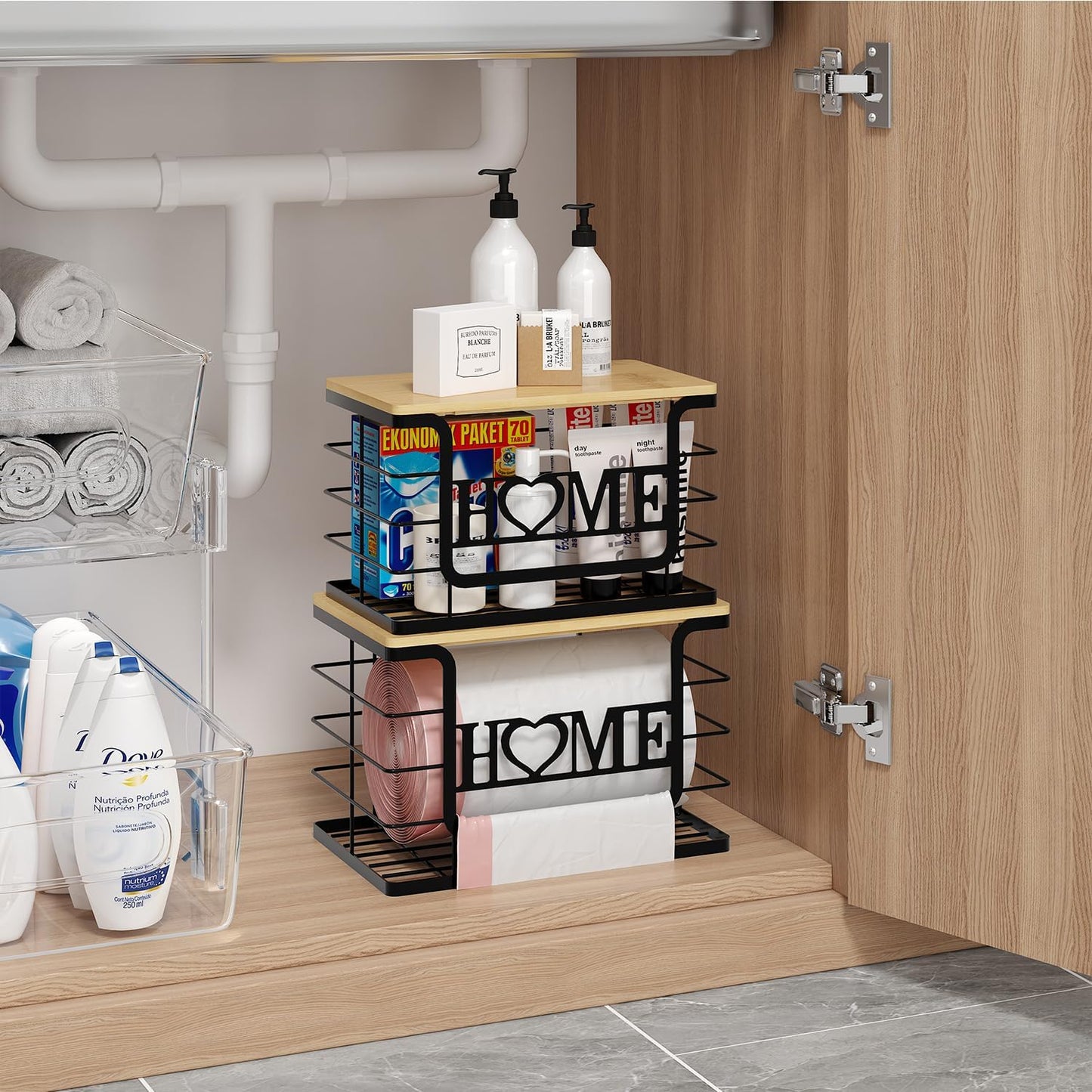 Trash Bag Holder, Thipoten Trash Bags Dispenser with Bamboo Top, Suitable for Garbage Bags Purchased Online or Supermarket, Perfect Storage Organizers for Cabinet, Under Sink (Black, Large)