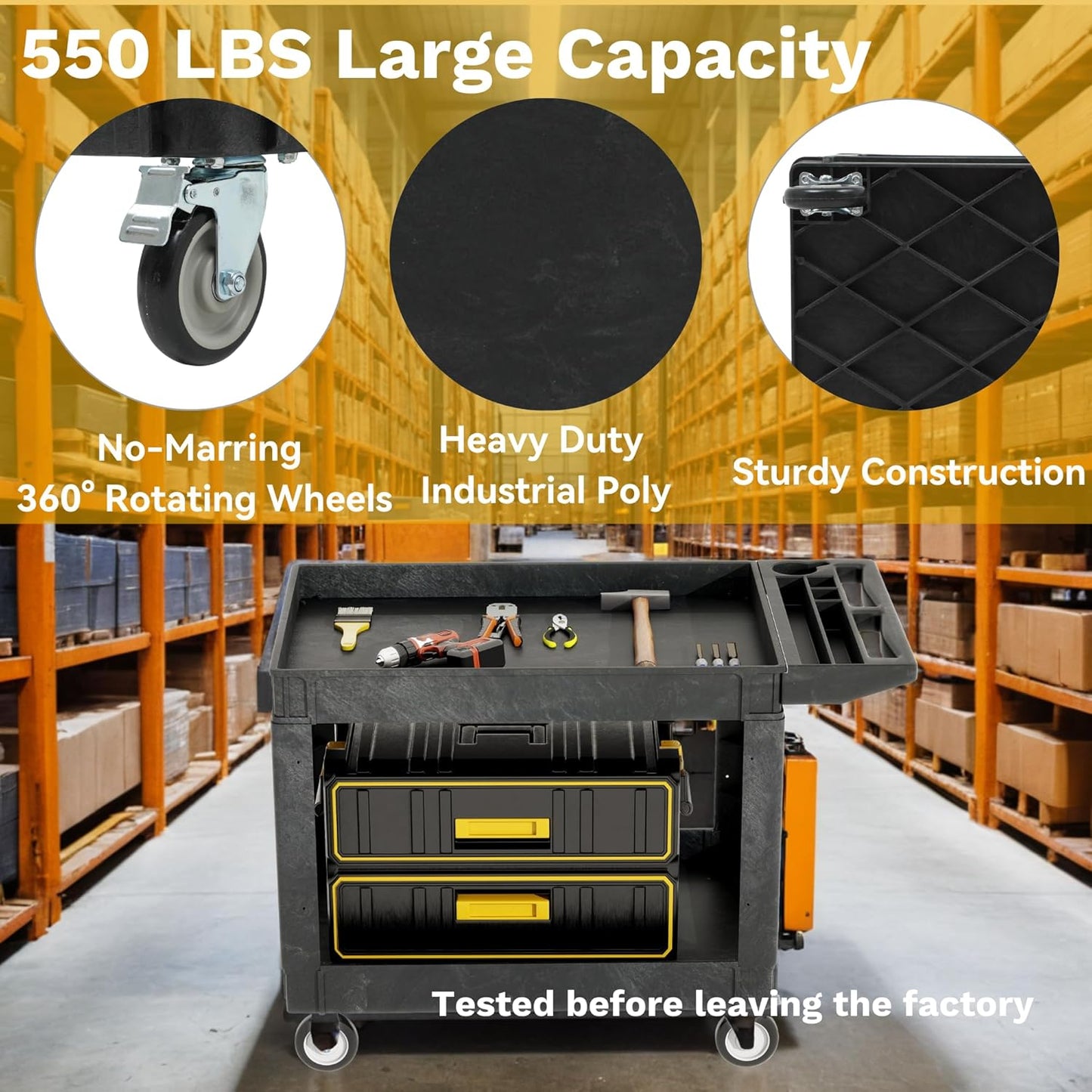 DWVO Utility Service Cart on Wheels, 45 X 25 in 550 LBS Heavy Duty Rolling Cart Plastic Work Cart for Warehouse Garage School & Office Cleaning