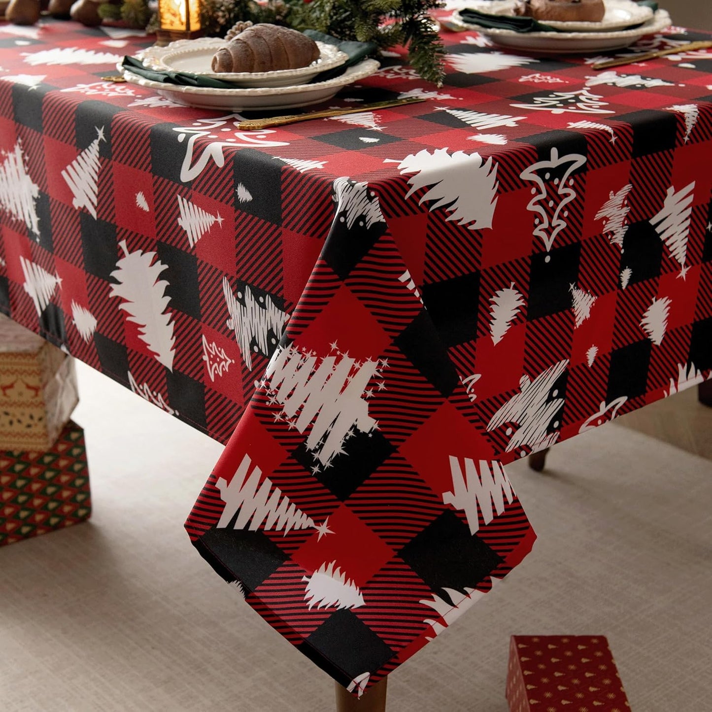 Gingham Xmas Tablecloth Fabric - Oblong 58x120 Water Resistant Christmas Tree Plaid Table Cloth for Indoor/Outdoor Use - Red Tabletop Cover Perfect for Birthday, Picnics, Gardens