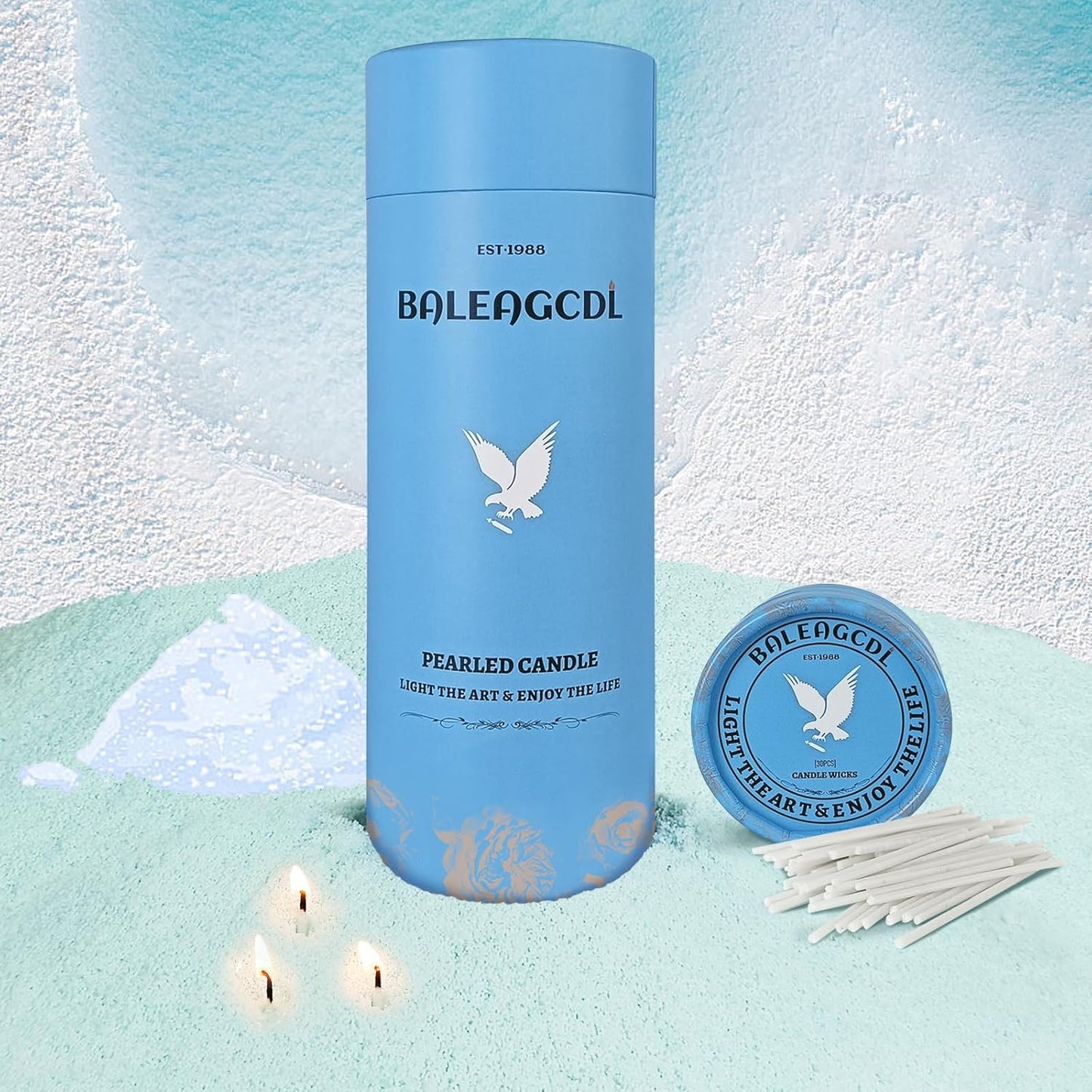 Sea Salt Scented Sky Blue Pearled Candle 18oz Luxury Sand Candle Granulated Wax - 30 Cotton Wicks - Wax for Candle Making Decorative Candles Smooth and Clean Burning Lasts up to 120 Hours