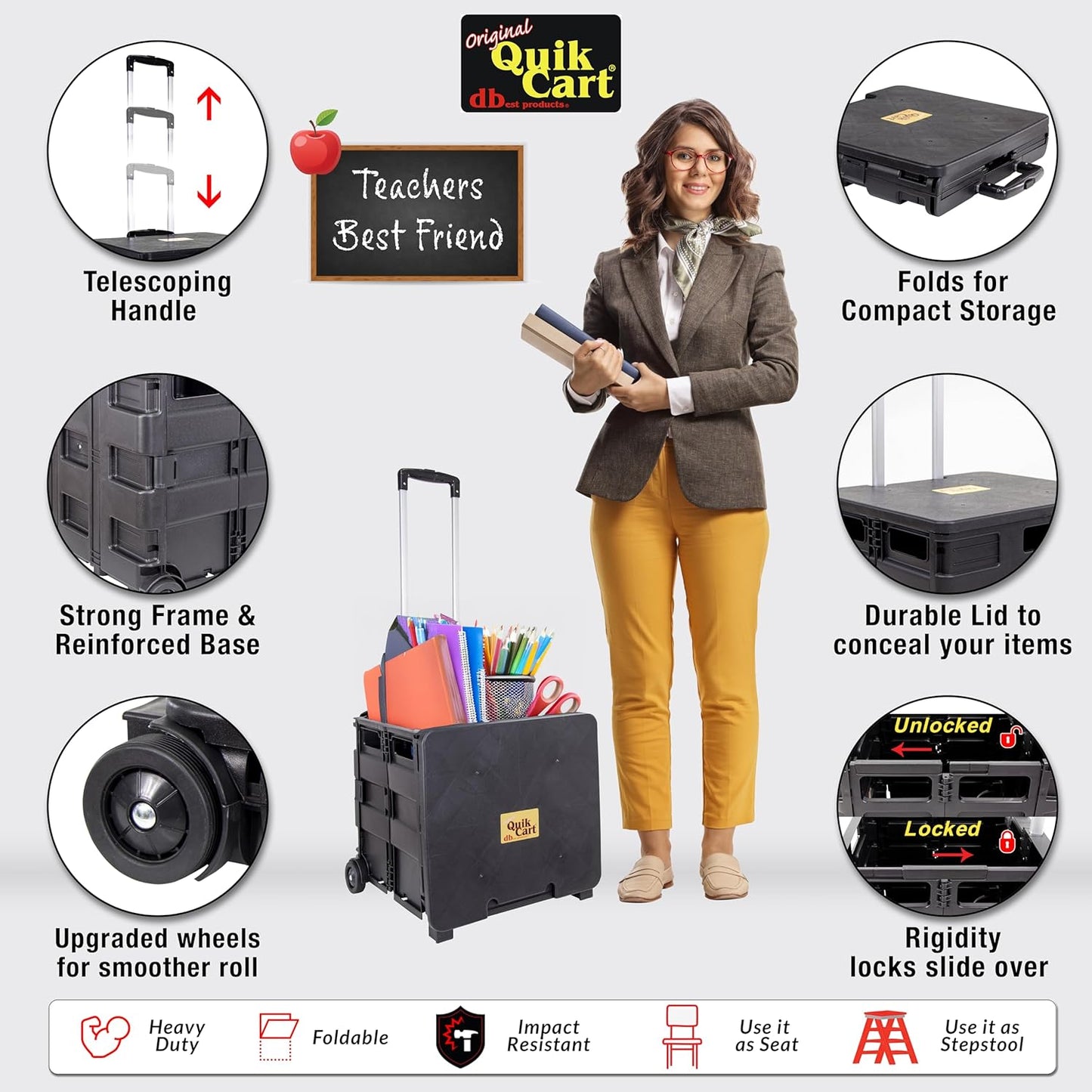 dbest products Quik Cart Collapsible Rolling Crate on Wheels for Teachers Tote Basket 80 lbs Capacity, Made from Heavy Duty Plastic Used as a Seat, Black