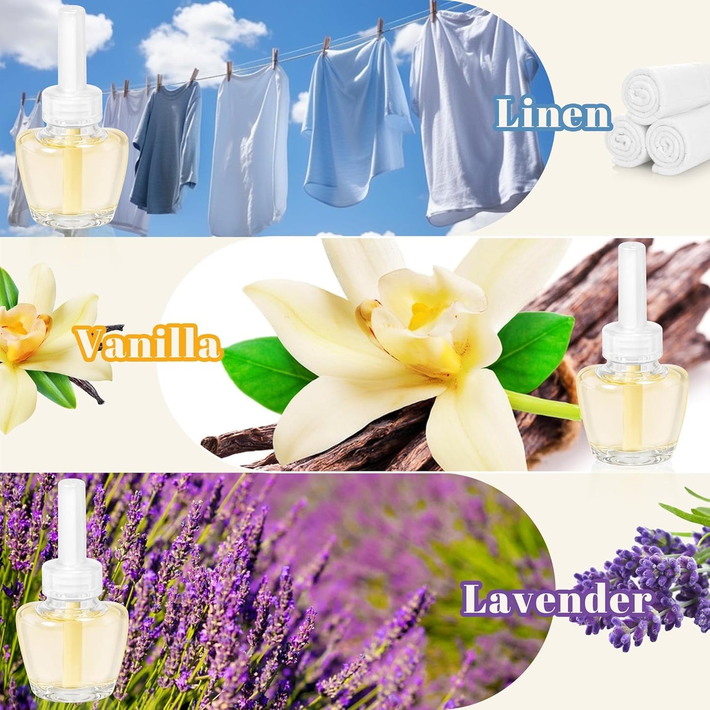 Plug-in Air Freshener Starter Kit, 1 Warmer and 9 Essential Oil Refills, Lavender, Vanilla, Linen Scent for Home, Bathroom and Office, Compatible with Air Wick and Glade Air Fresheners