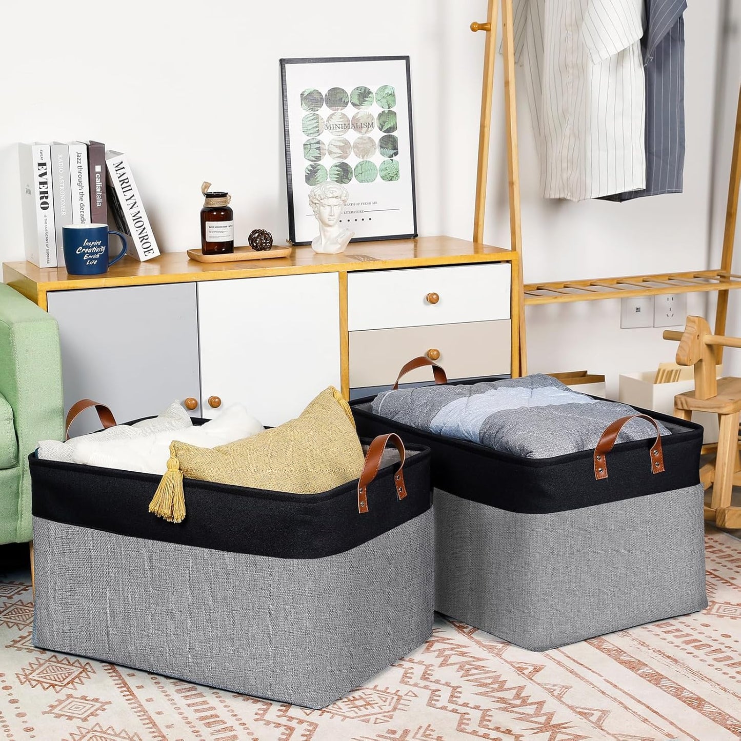 DULLEMELO Extra Large Storage Basket 22X15, 70L Foldable Fabric Toys Baskets Organizer Bins, Black&Grey