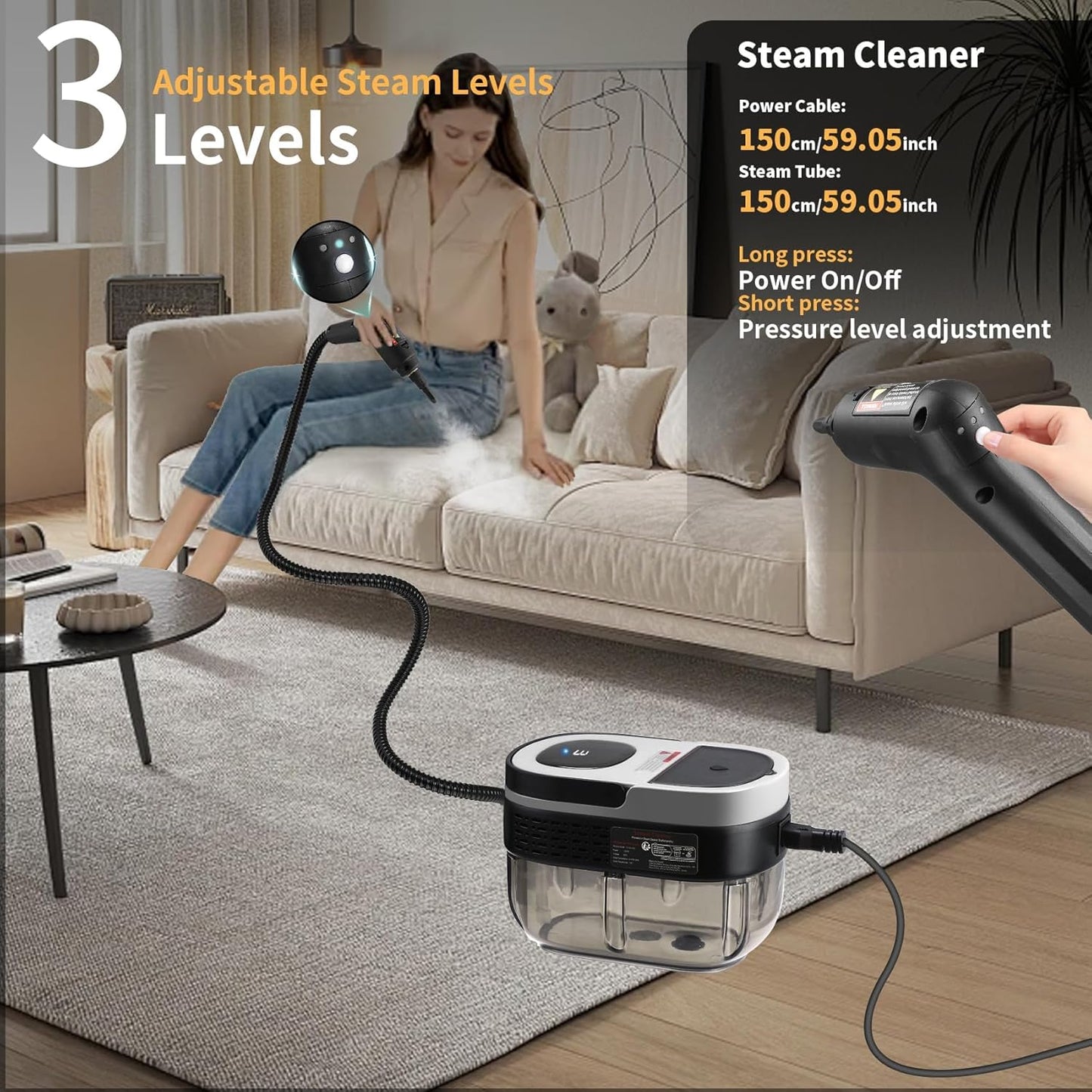 Steam Cleaner, 3-Level Adjustable Handle, 15s Heat-Up, 1.69 Quarts Tank, Portable Steamer for Cleaning with 10 Accessories, Steam Cleaner for Home for Dirt (White)