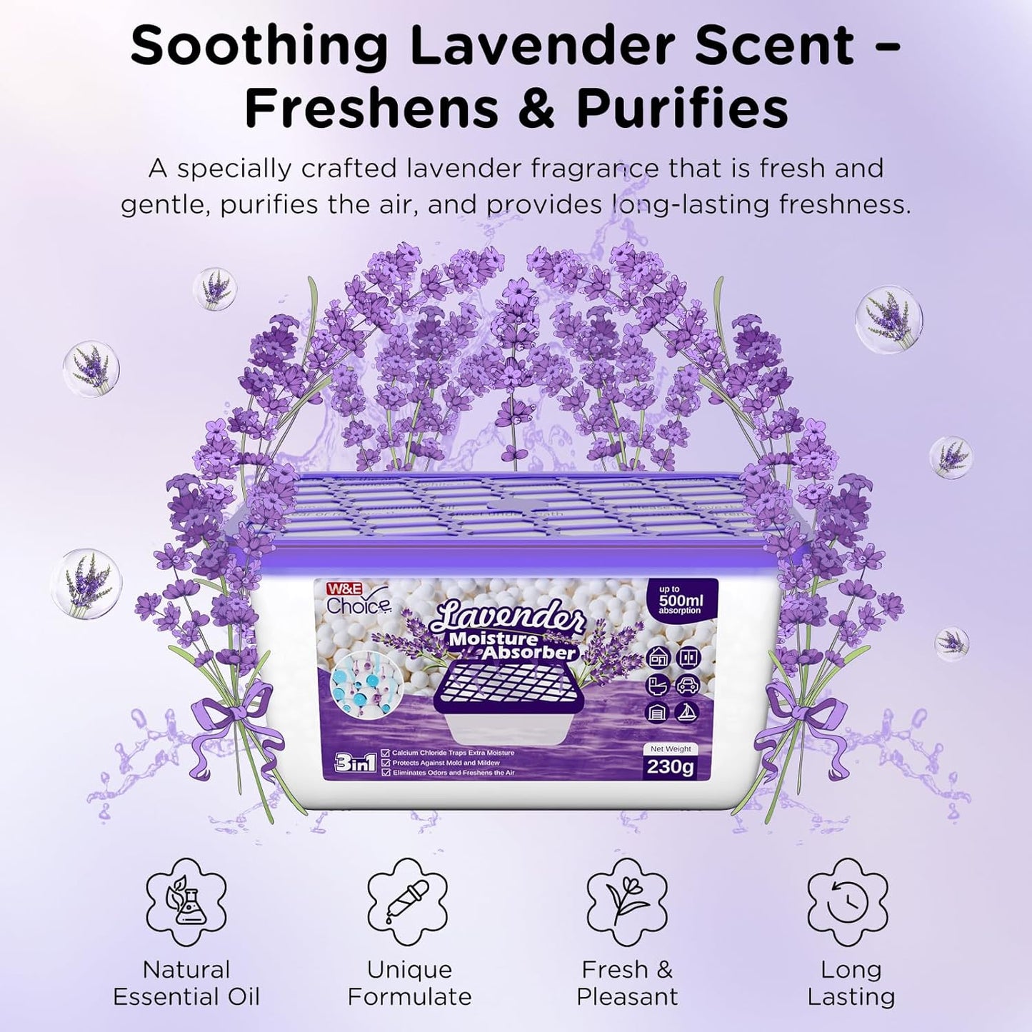 W&E Choice Moisture Absorbers With Lavender Scent, Portable Dehumidifier for Closet&Bathrooms, Kitchen, Humidity Absorber Odor Eliminator Absorber