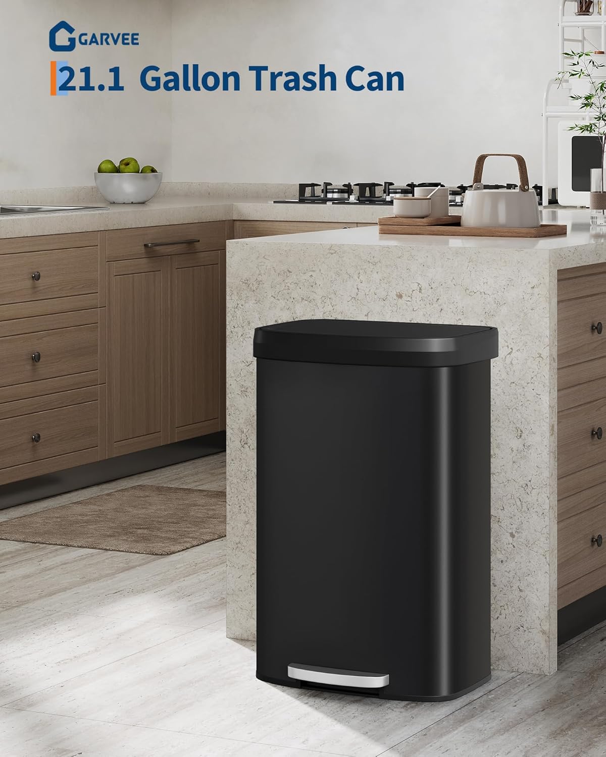 Garvee 21 Gallon / 80 Liter Metal Trash Can with Lid, Large Garbage Can for Kitchen, Rustproof Step-on Kitchen Metal Trash Bin with Liner Rim, Rear Handle, Soft Close Plastic Lid, Black