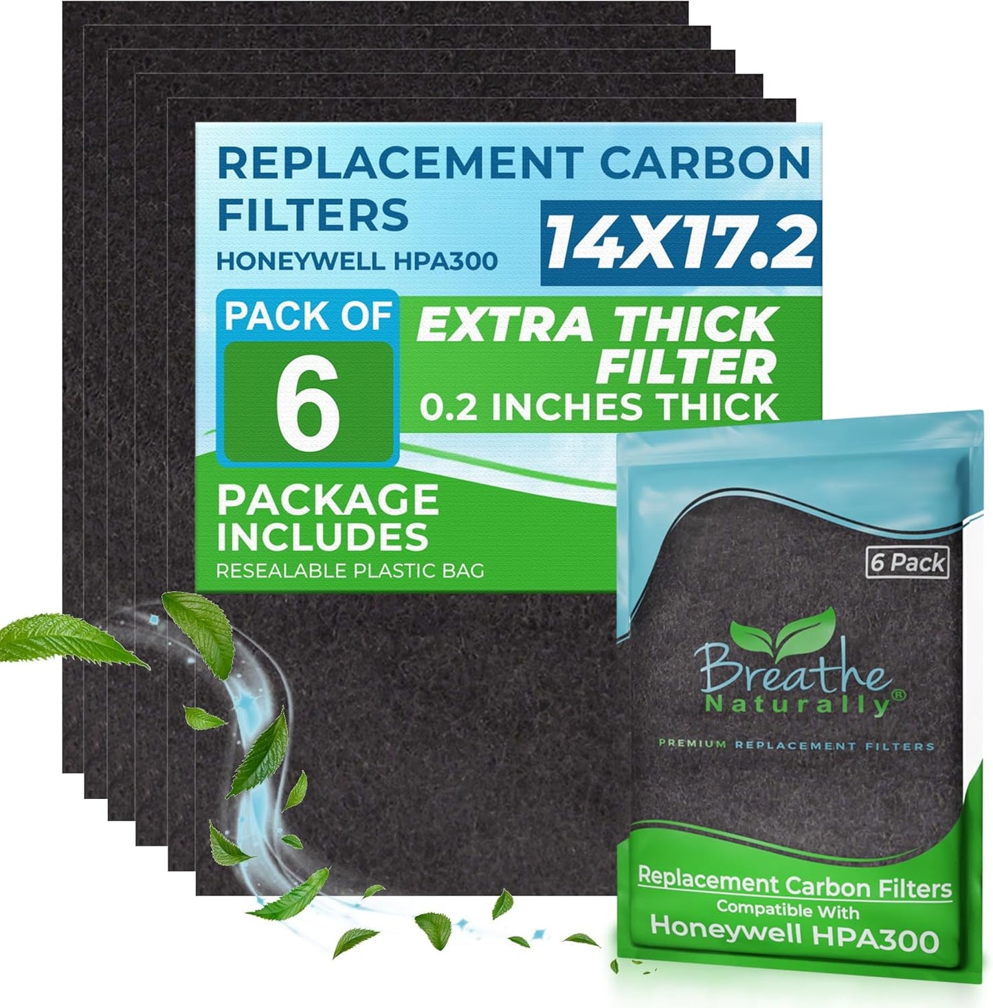 Breathe Naturally "R" Replacement Filters Compatible with Honeywell Air Purifier HPA300 or HRF-R3 Series - Activated Carbon Prefilter - Made in USA - 14"x17.2"x0.2" (Pack of 6 Carbon Prefilters)